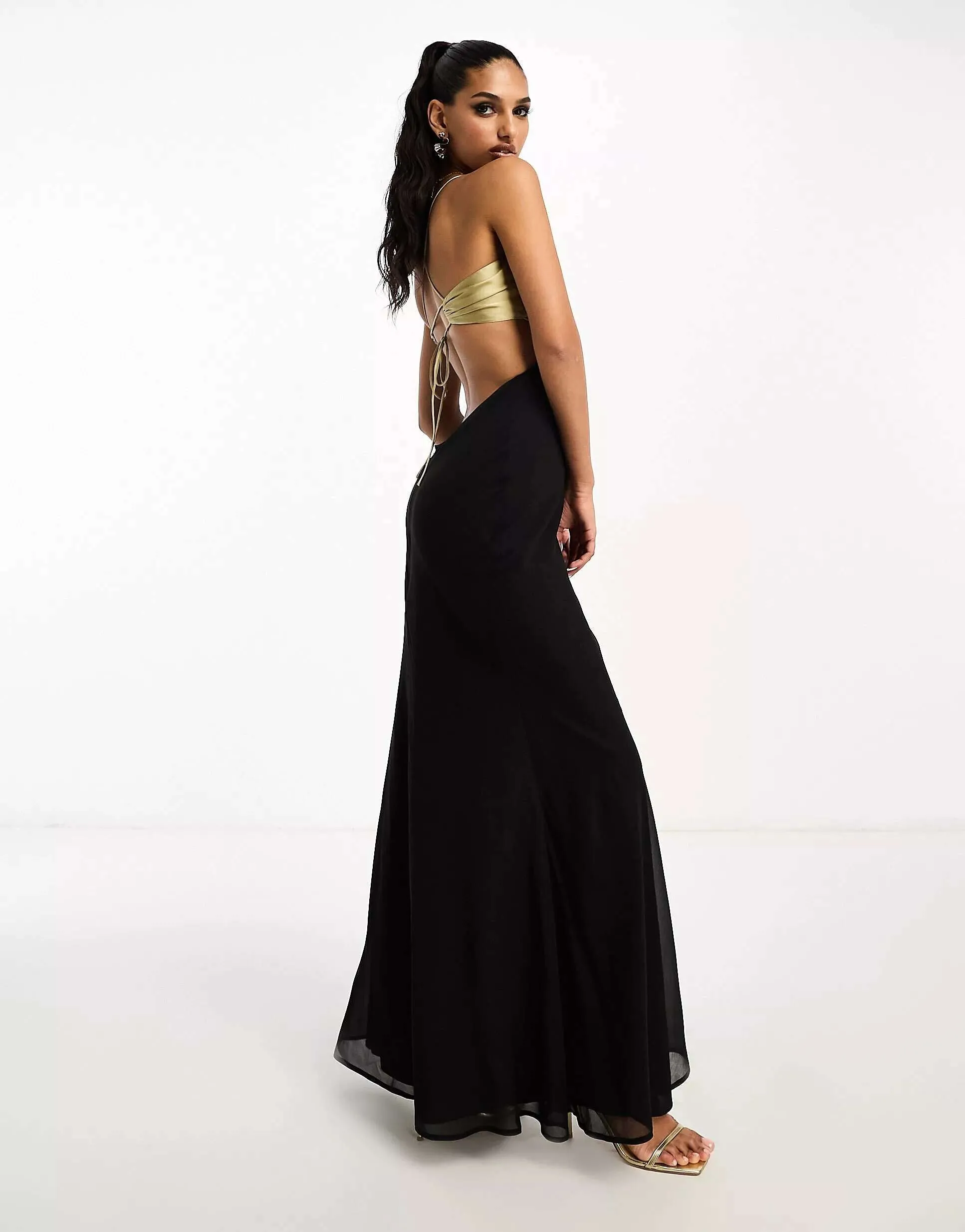 ASOS Black Chiffon Slip Maxi Dress with Cutouts and Color Block Satin Bodice