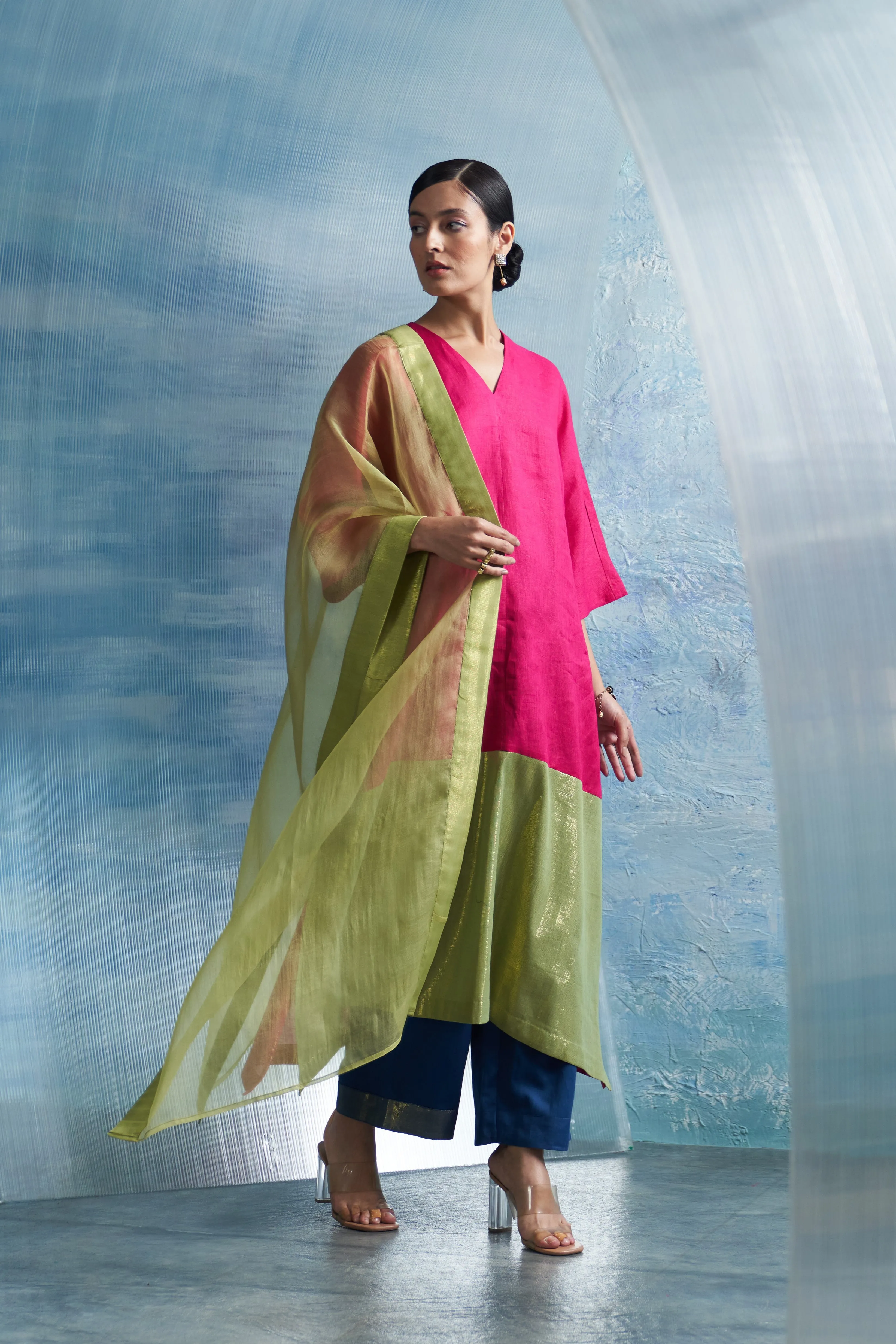 Aura Fuchsia Pink Asymmetric Kurta Set