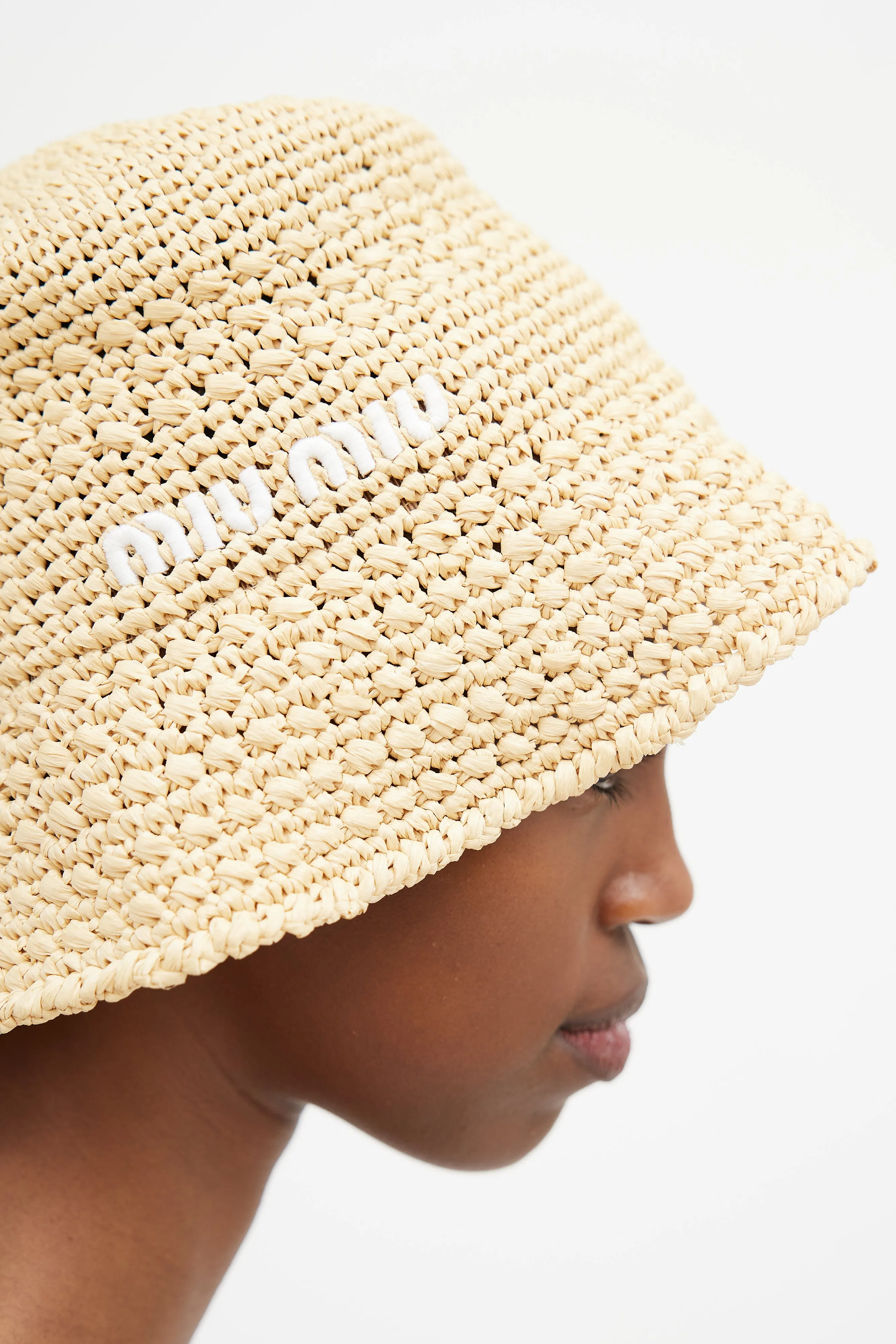 Beige & White Logo Woven Bucket Hat