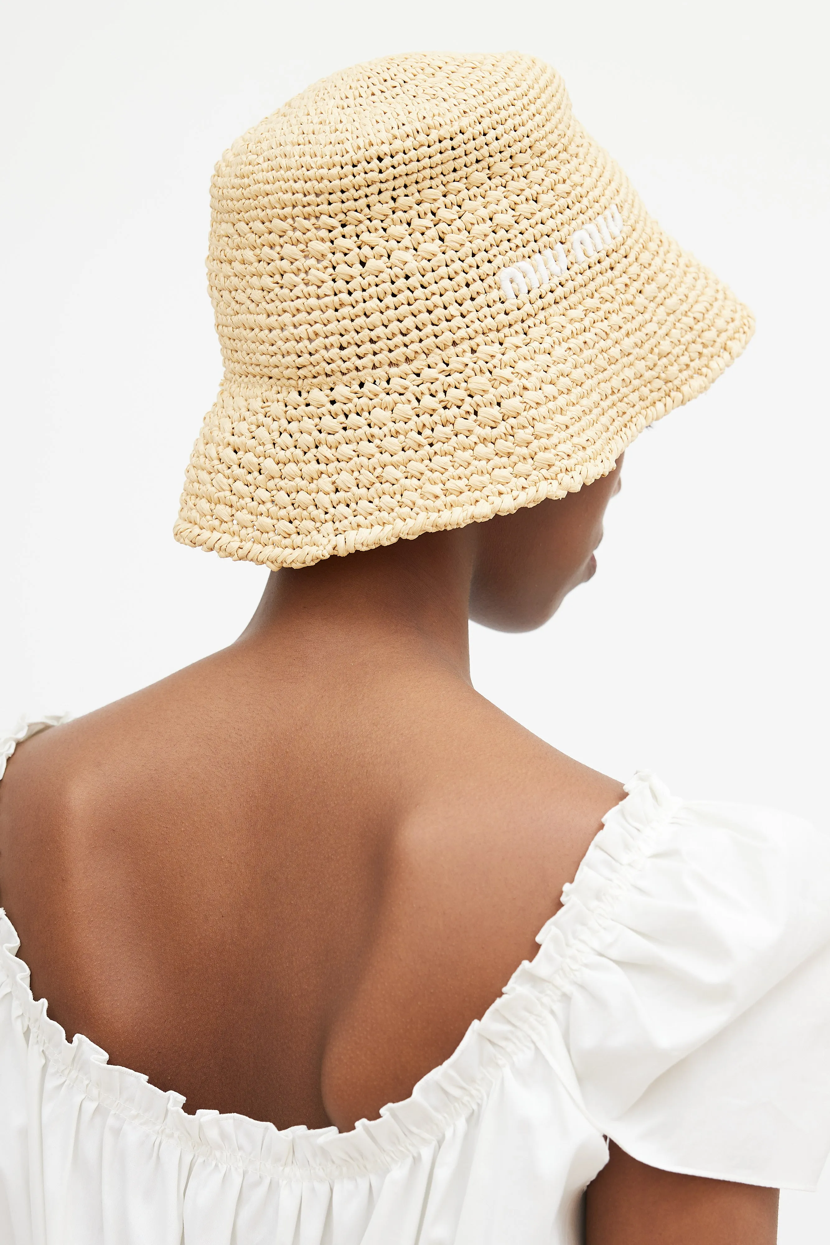 Beige & White Logo Woven Bucket Hat