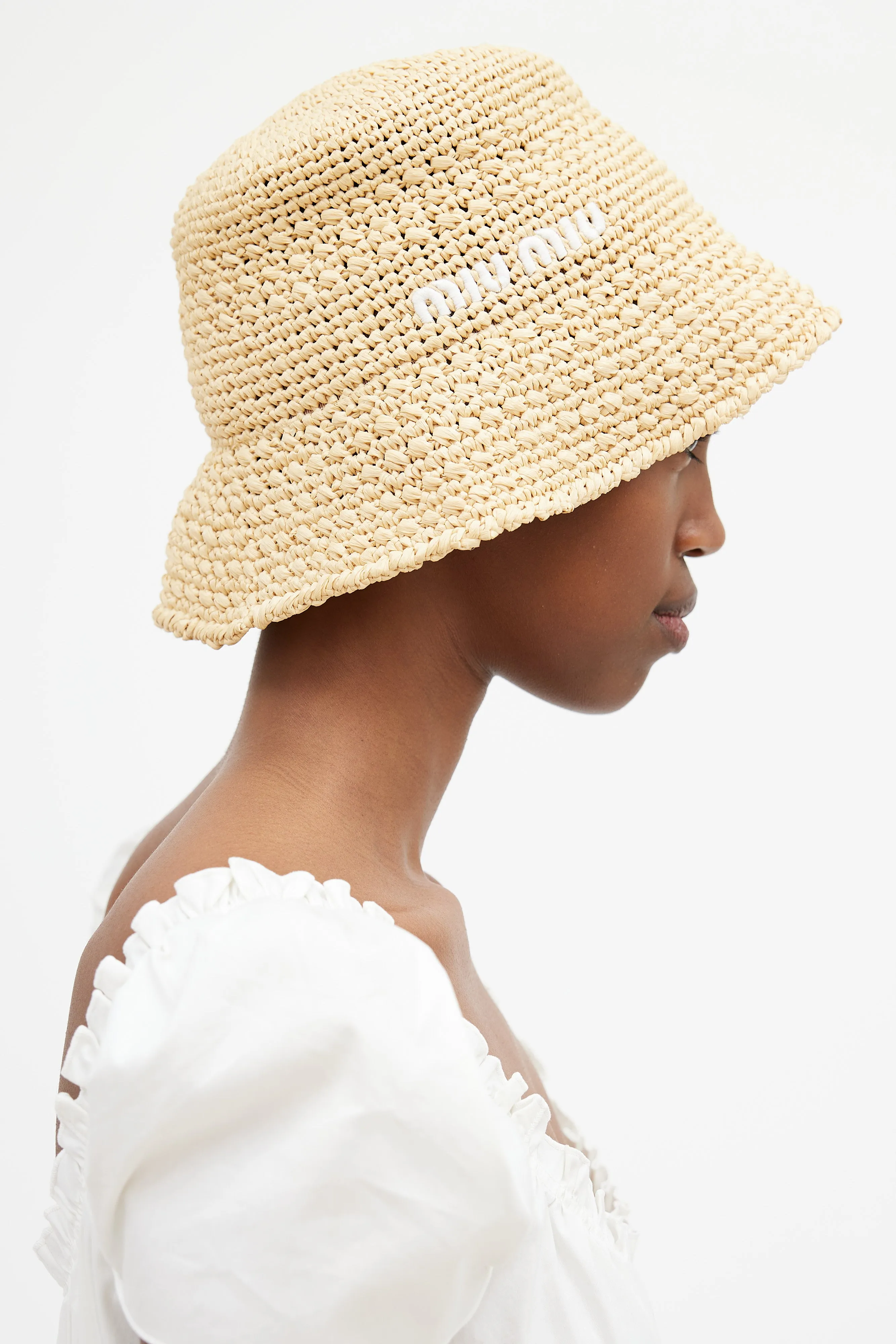 Beige & White Logo Woven Bucket Hat