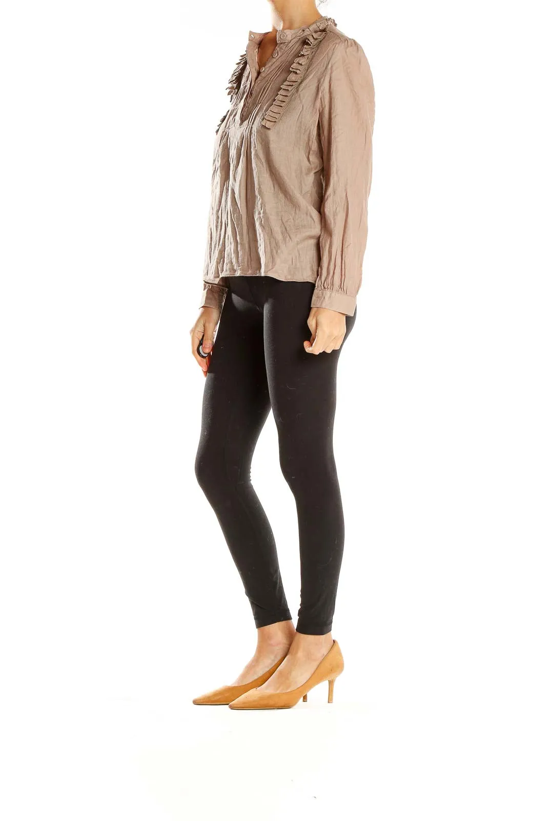 Beige Ruffled Long Sleeve Blouse