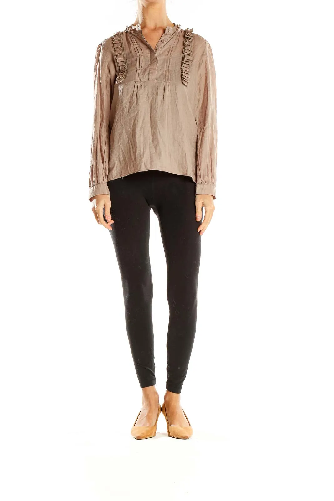 Beige Ruffled Long Sleeve Blouse