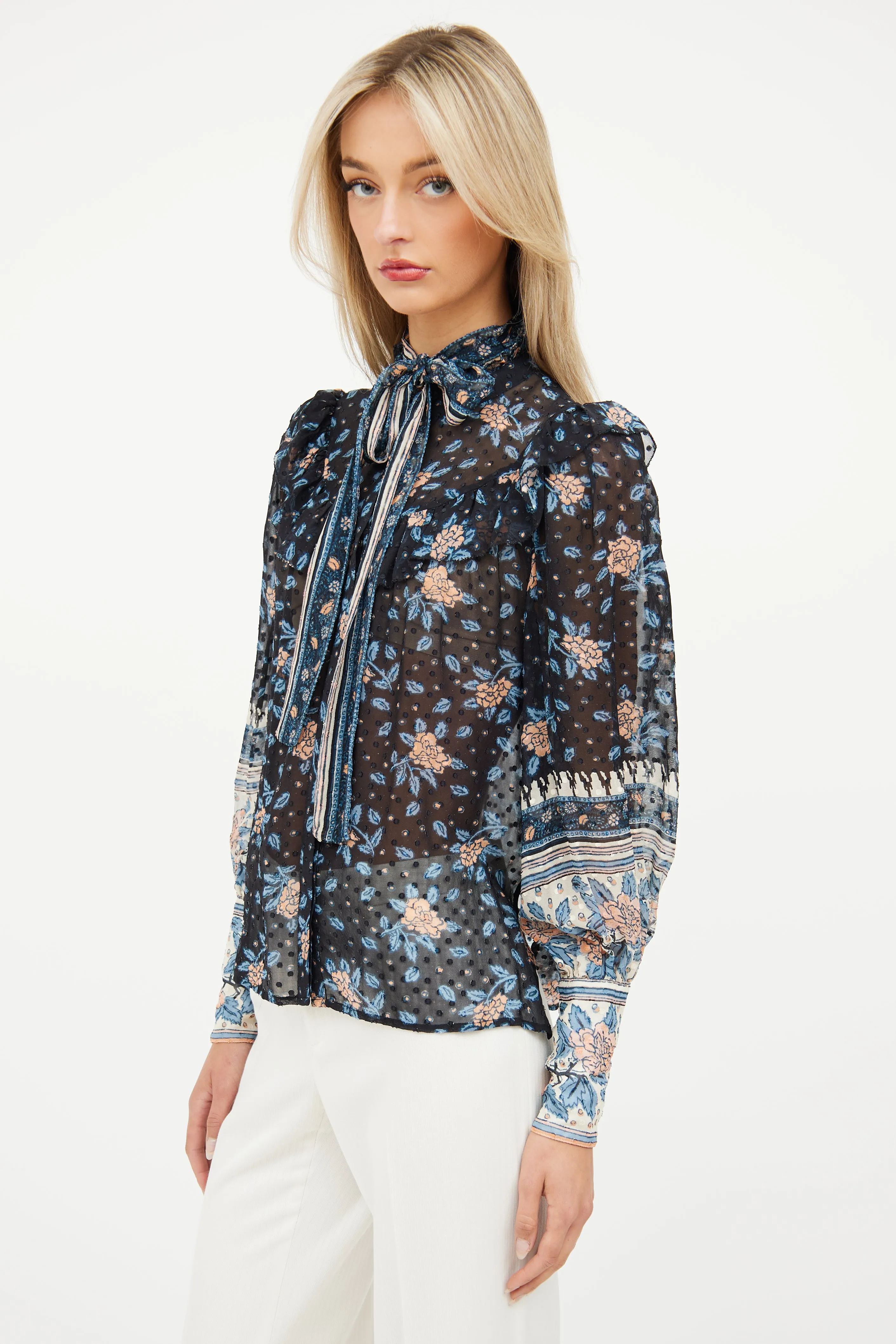 Black Floral Silk Ruffle Top