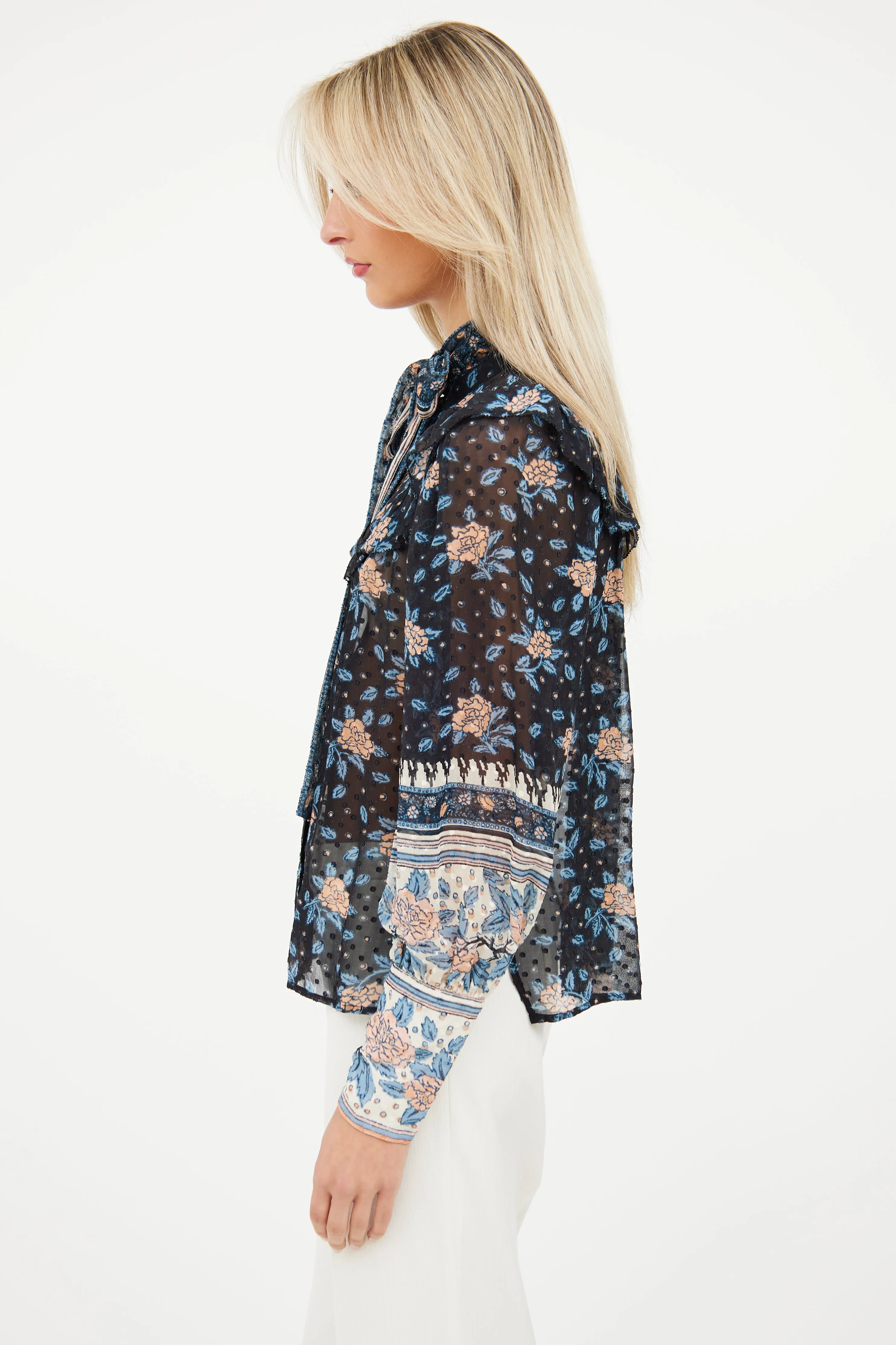 Black Floral Silk Ruffle Top