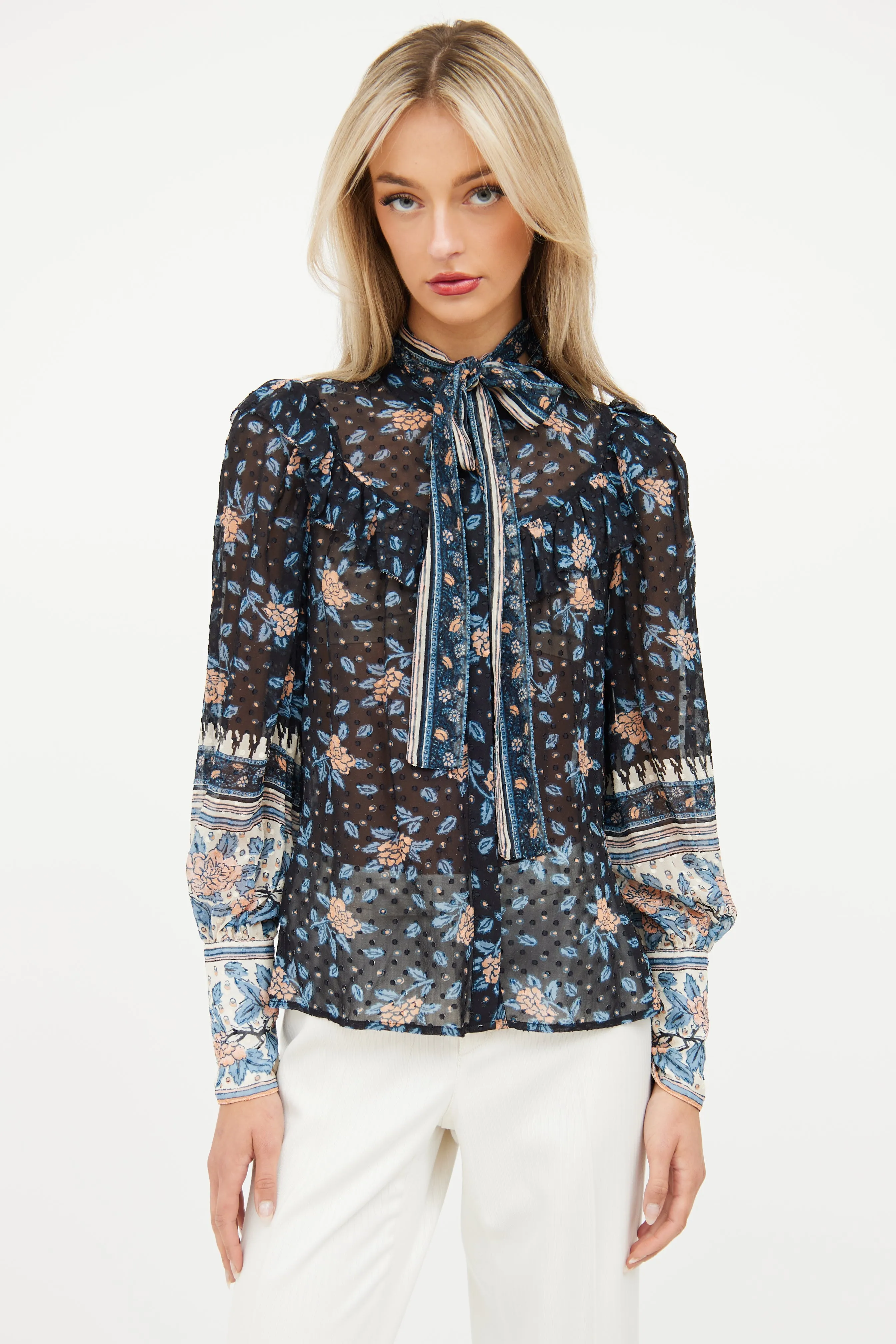 Black Floral Silk Ruffle Top