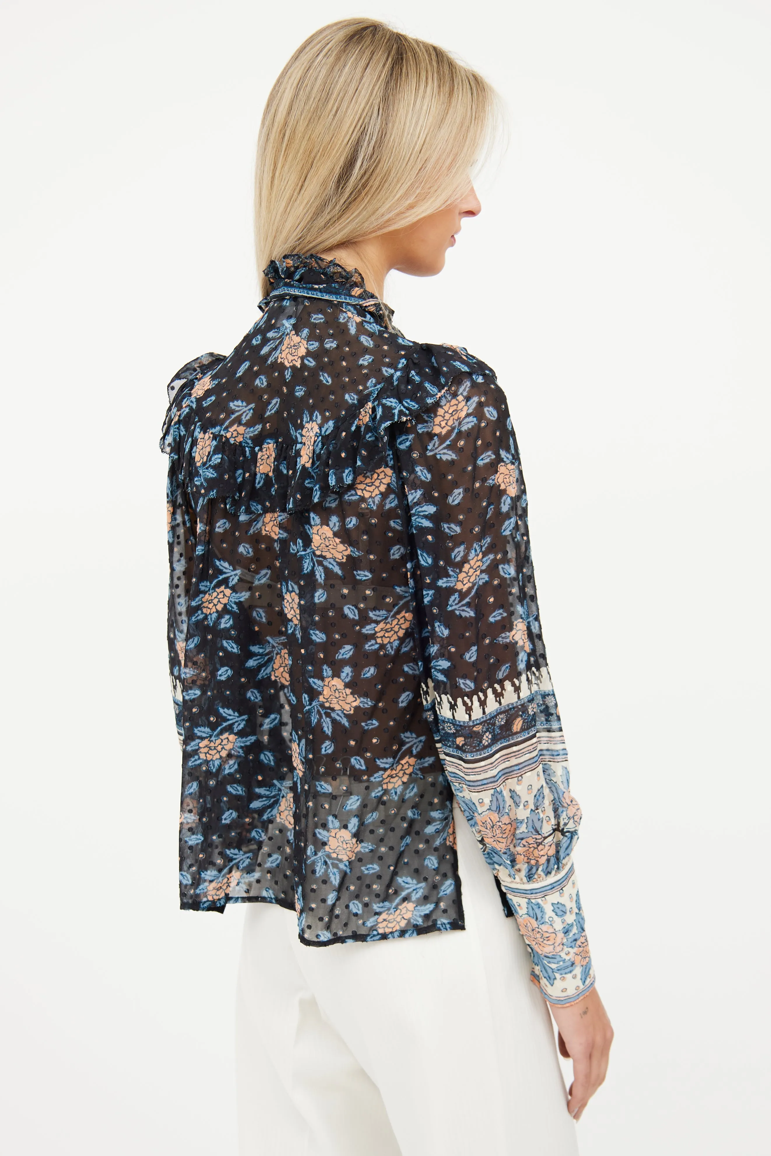 Black Floral Silk Ruffle Top