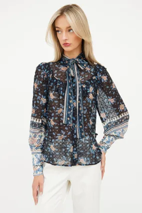 Black Floral Silk Ruffle Top