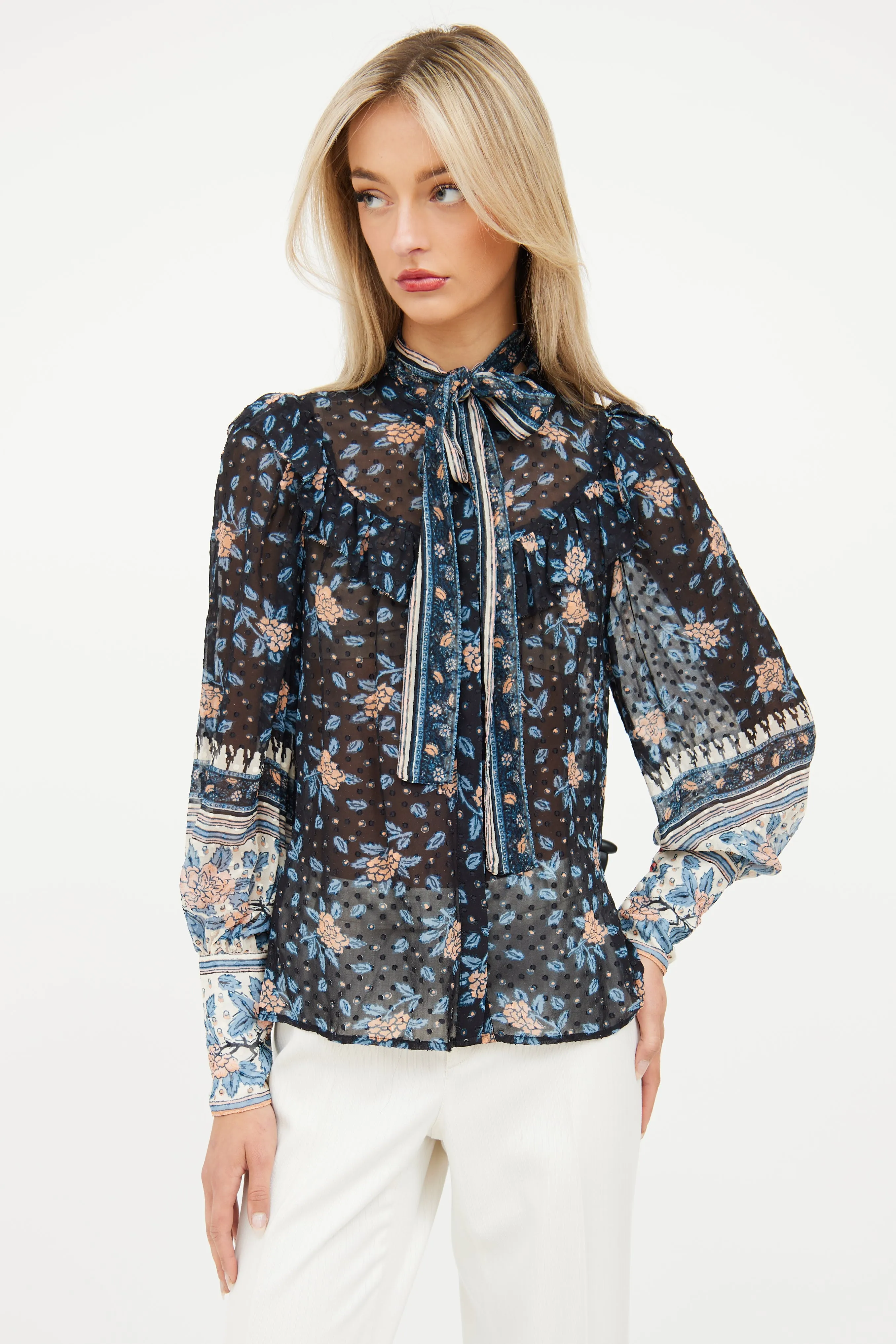 Black Floral Silk Ruffle Top