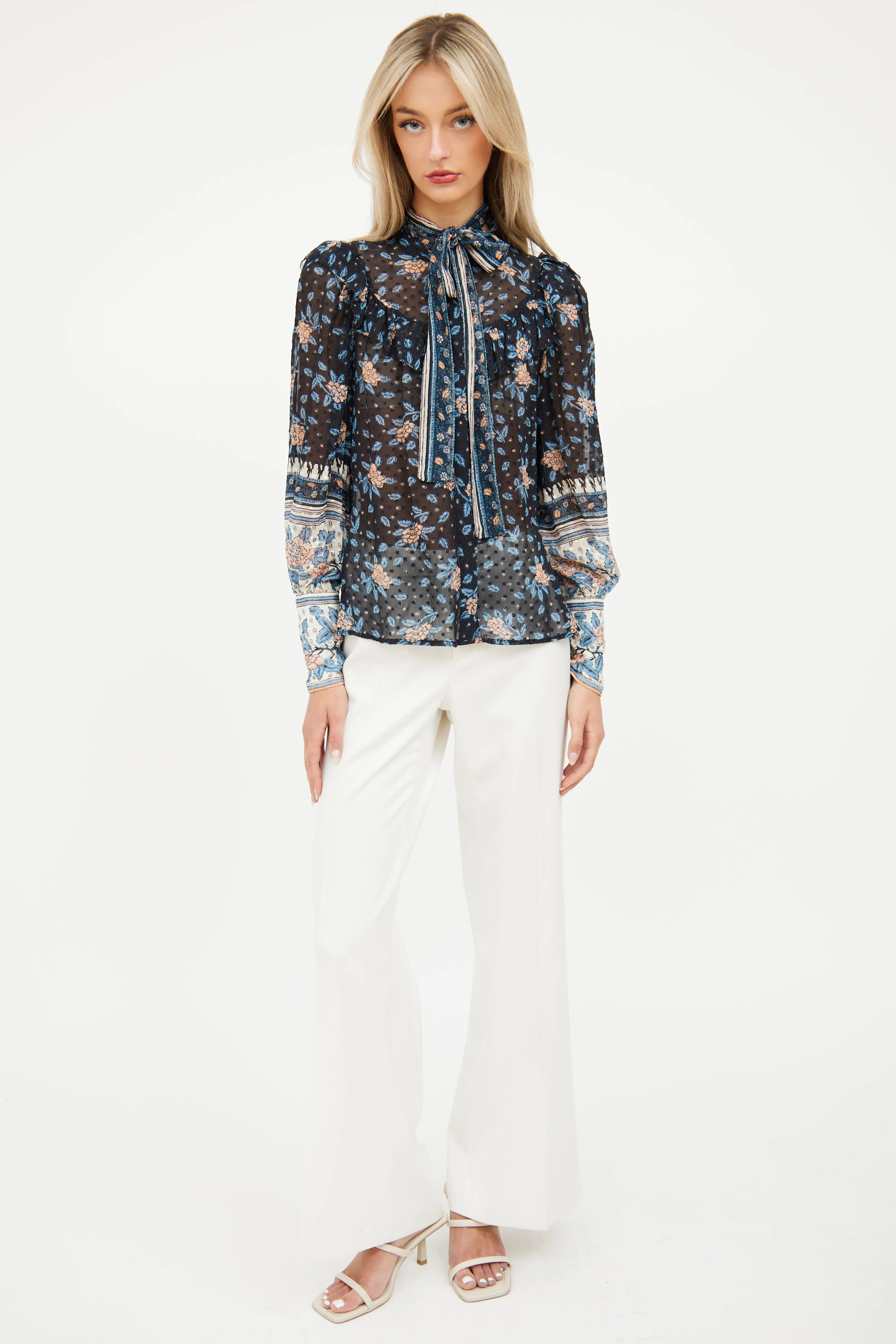 Black Floral Silk Ruffle Top
