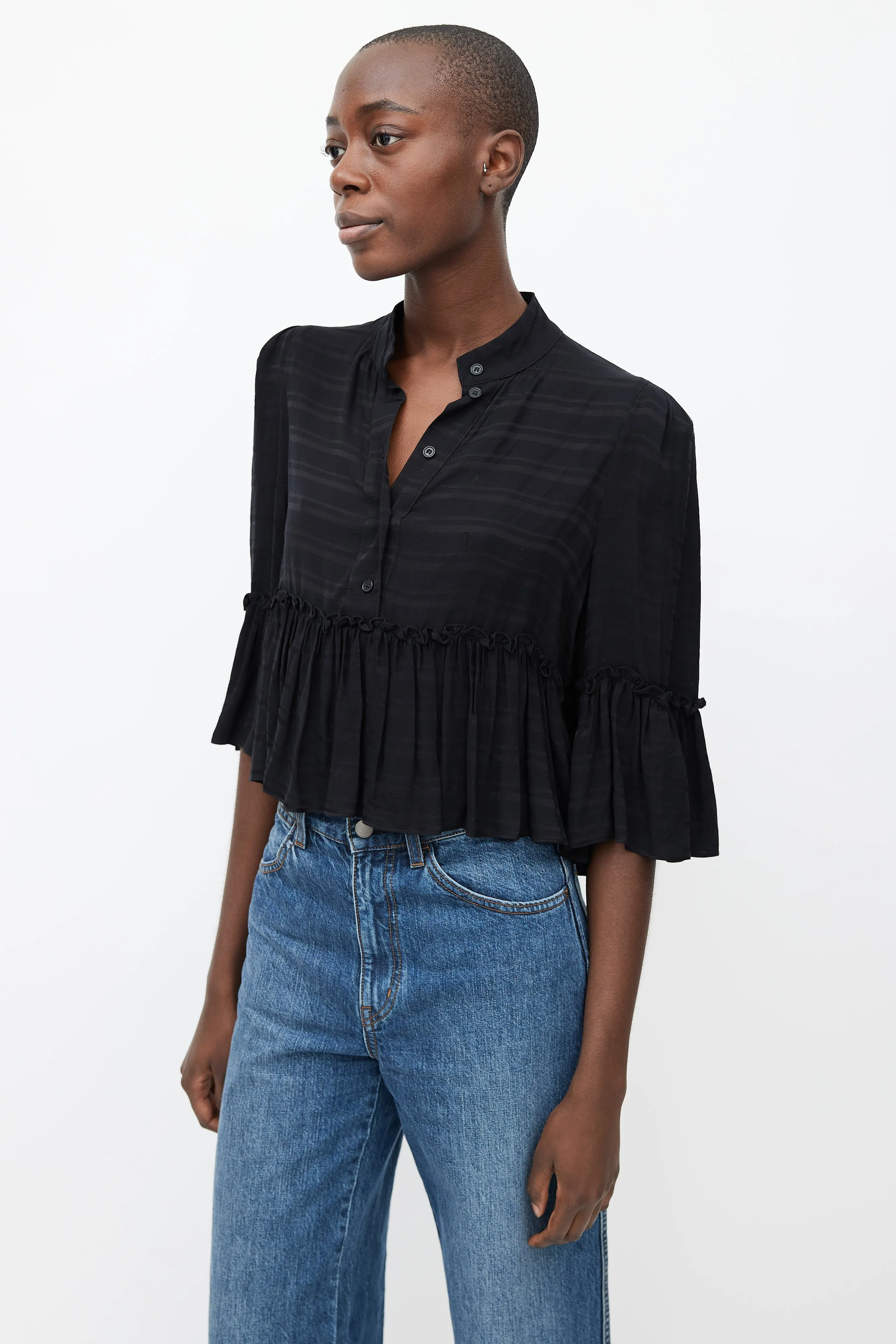 Black Ruffle Three-Quarter Sleeve Blouse