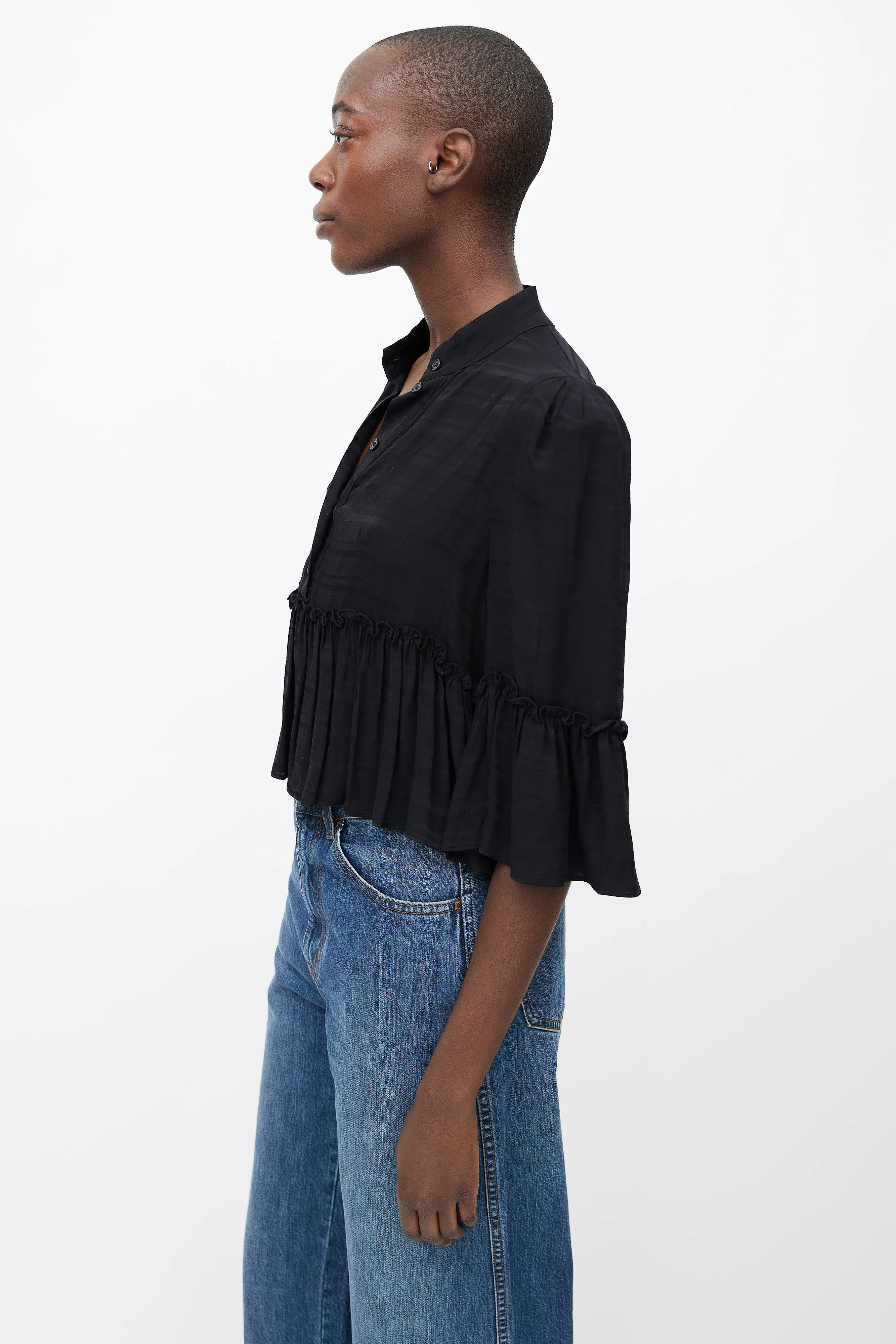 Black Ruffle Three-Quarter Sleeve Blouse