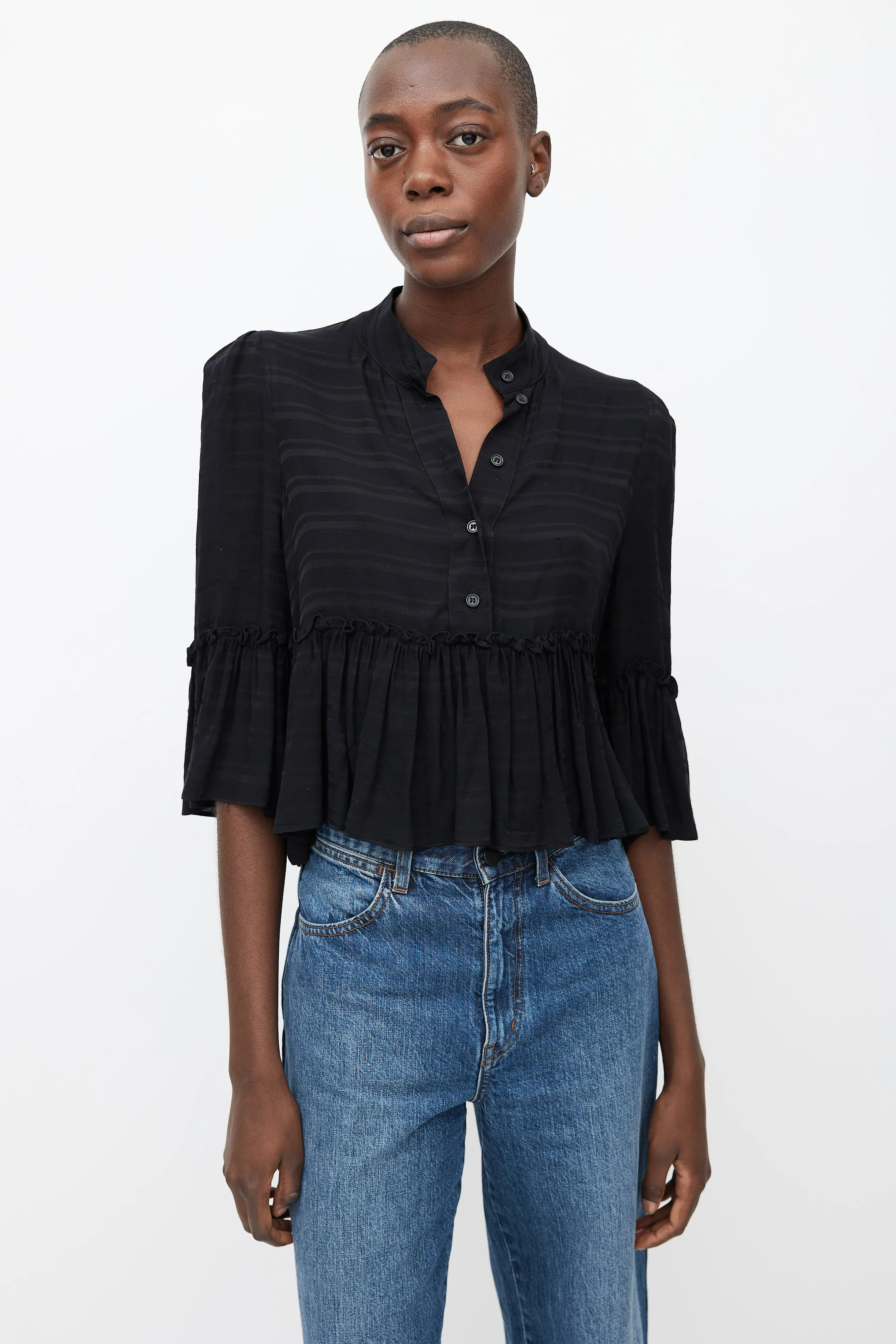 Black Ruffle Three-Quarter Sleeve Blouse