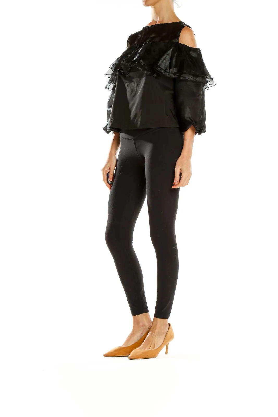 Black Ruffled Cold-Shoulder Polyester Top