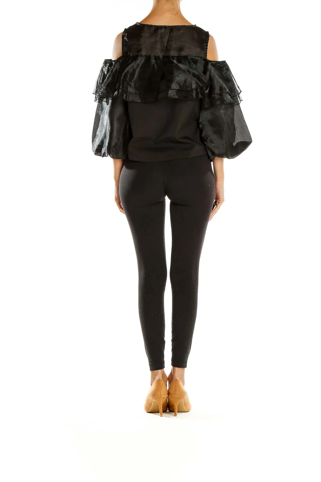 Black Ruffled Cold-Shoulder Polyester Top