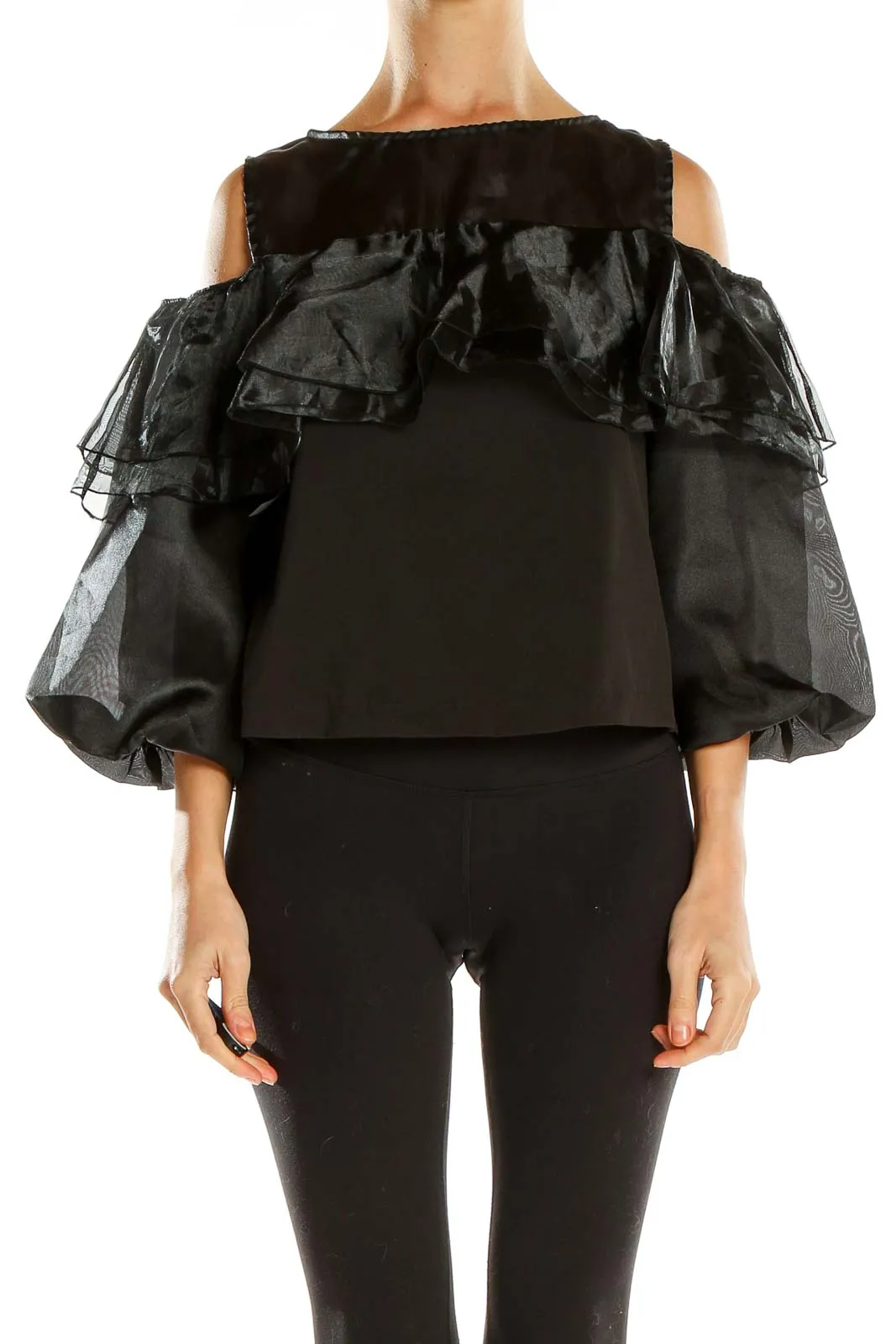 Black Ruffled Cold-Shoulder Polyester Top