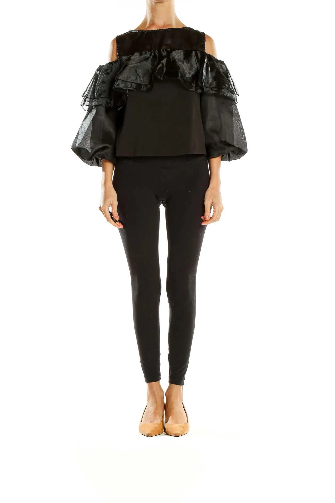 Black Ruffled Cold-Shoulder Polyester Top