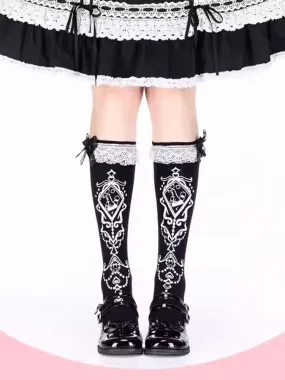 Black Ruffled Lace Cuff Printed Lolita  Under Knee Stockings