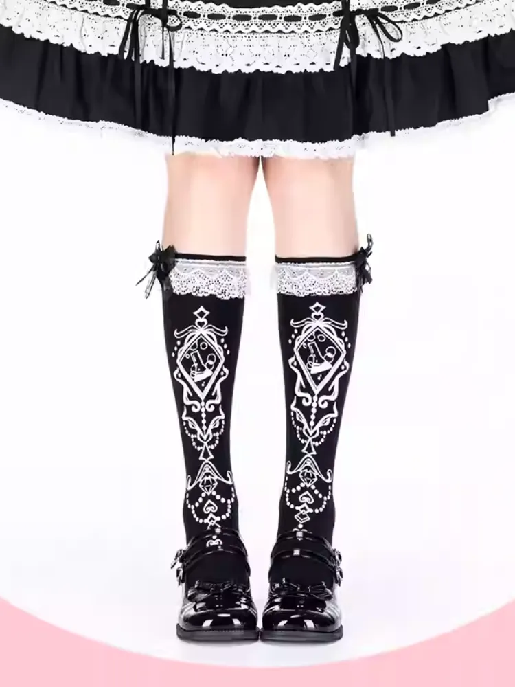 Black Ruffled Lace Cuff Printed Lolita  Under Knee Stockings