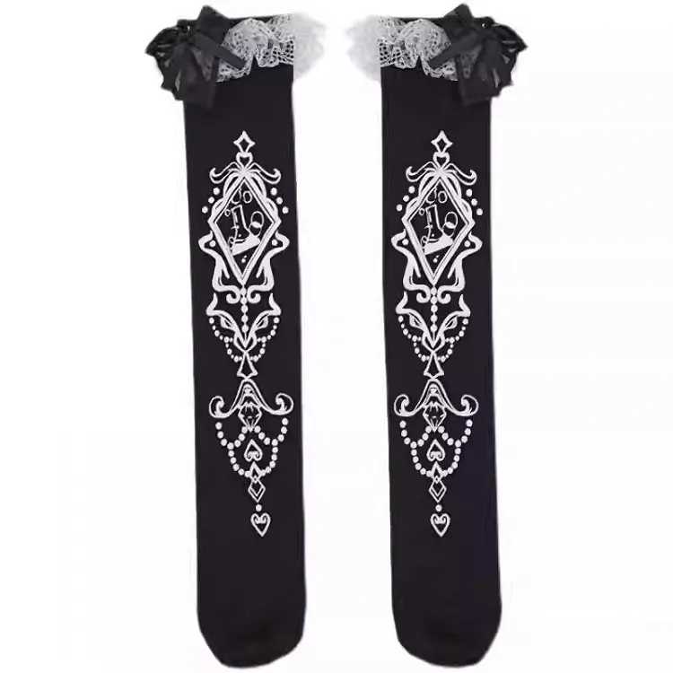 Black Ruffled Lace Cuff Printed Lolita  Under Knee Stockings