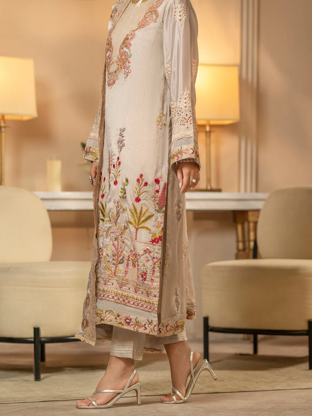 Coffee Chiffon 3 Piece Formal Stitched - AL-3PS-LS-426