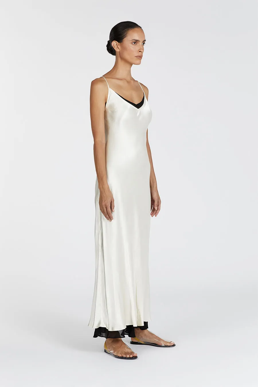FAY CREAM SATIN V NECK SLIP MAXI DRESS