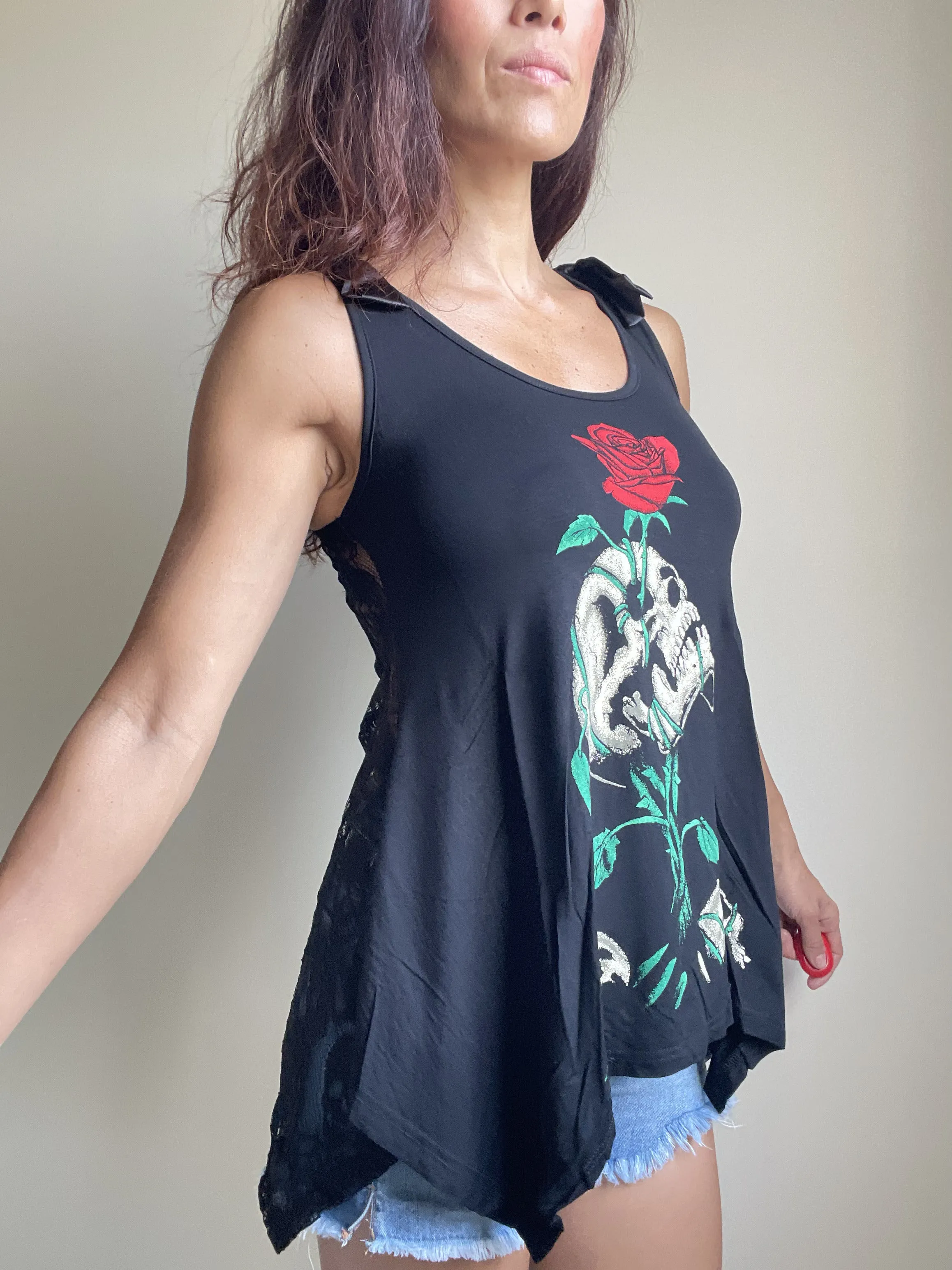 Gothic Skull & Red Rose " Reborn" Black skull Lace Flowy Tank top