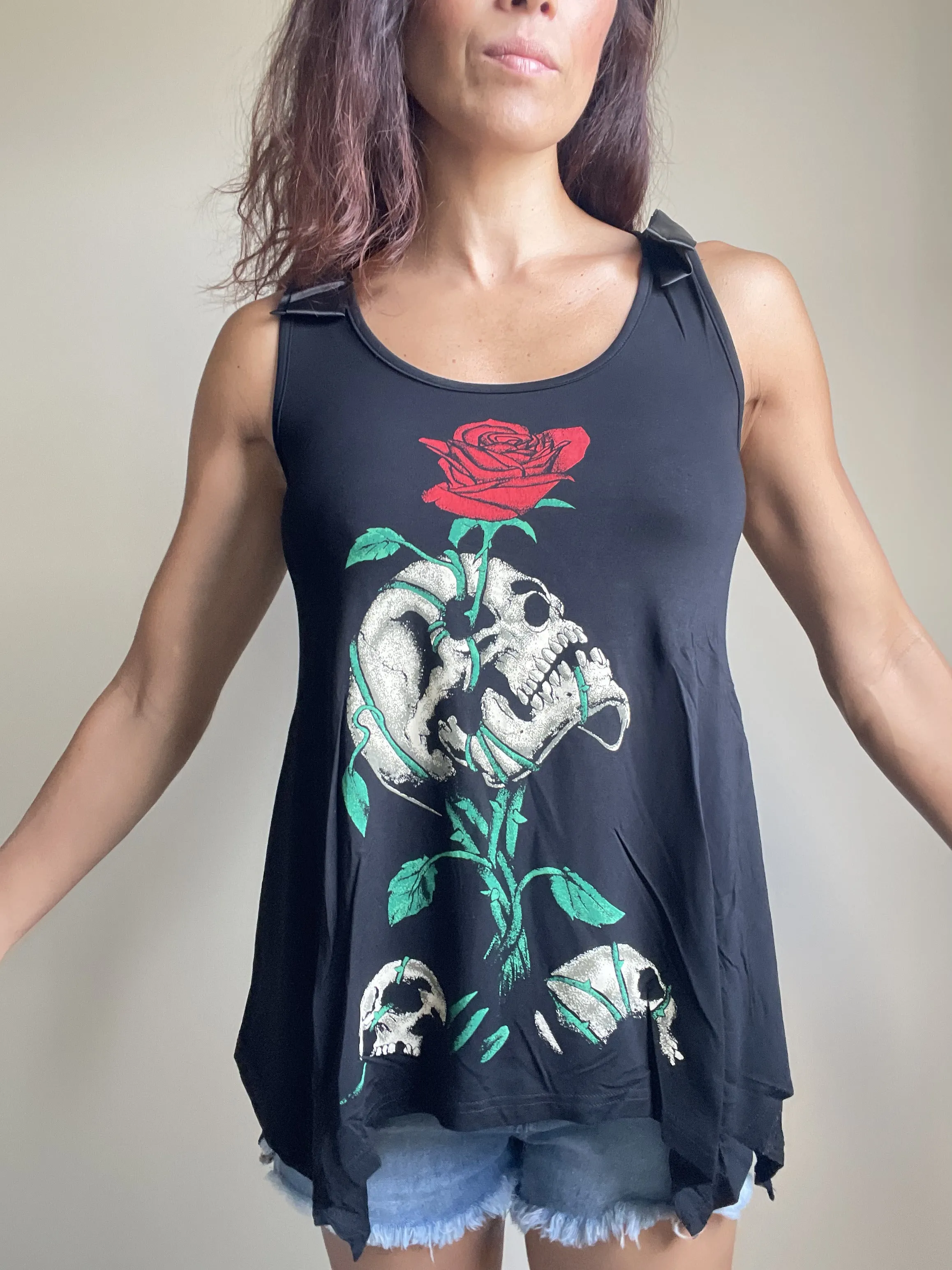 Gothic Skull & Red Rose " Reborn" Black skull Lace Flowy Tank top