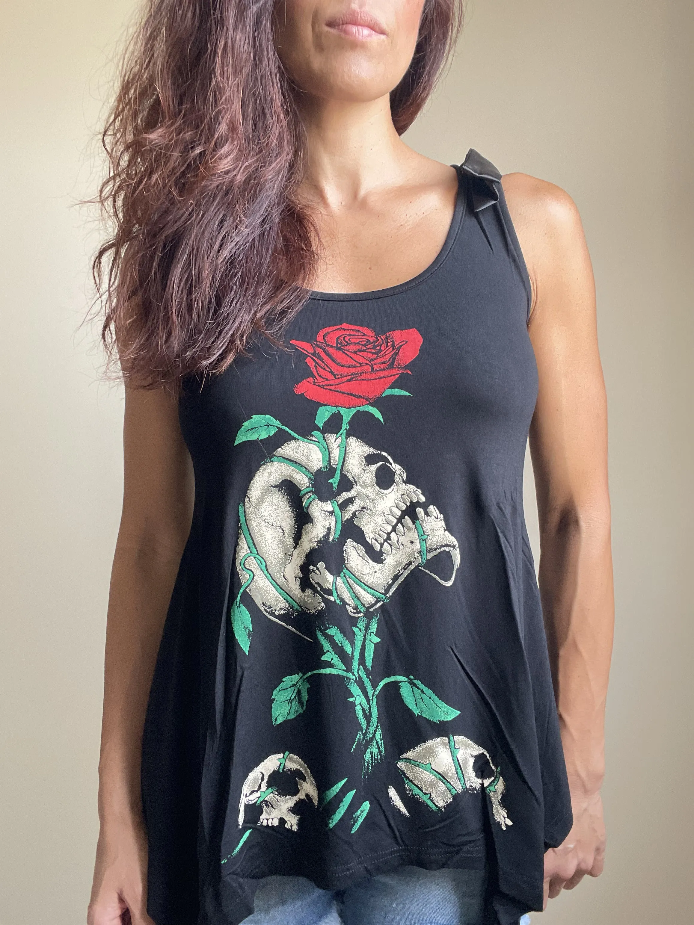 Gothic Skull & Red Rose " Reborn" Black skull Lace Flowy Tank top
