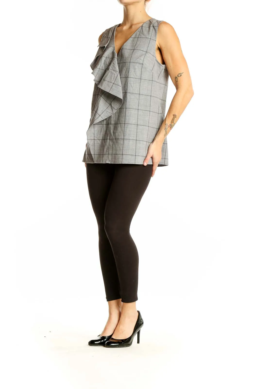 Gray Plaid Ruffled Sleeveless Top