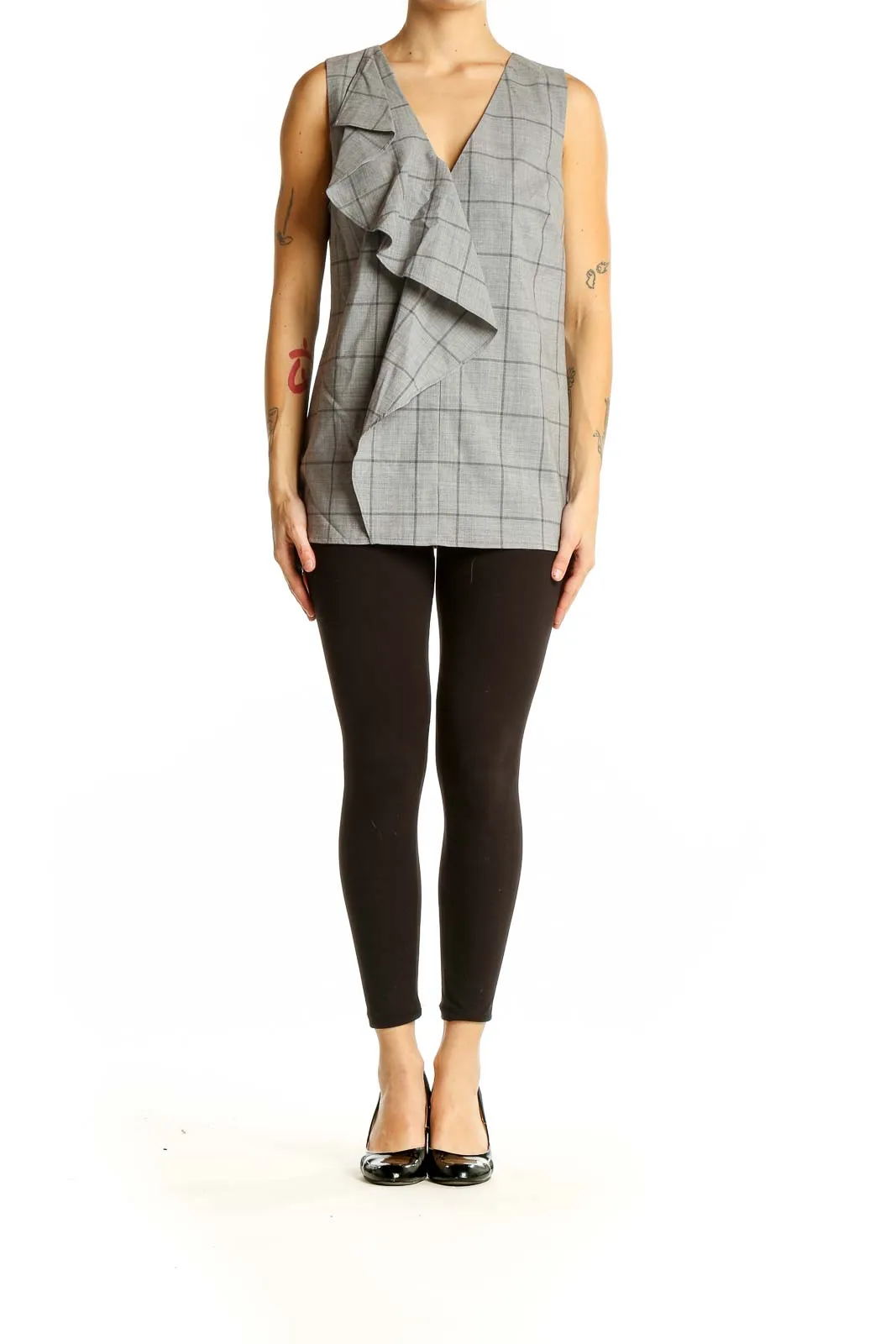 Gray Plaid Ruffled Sleeveless Top