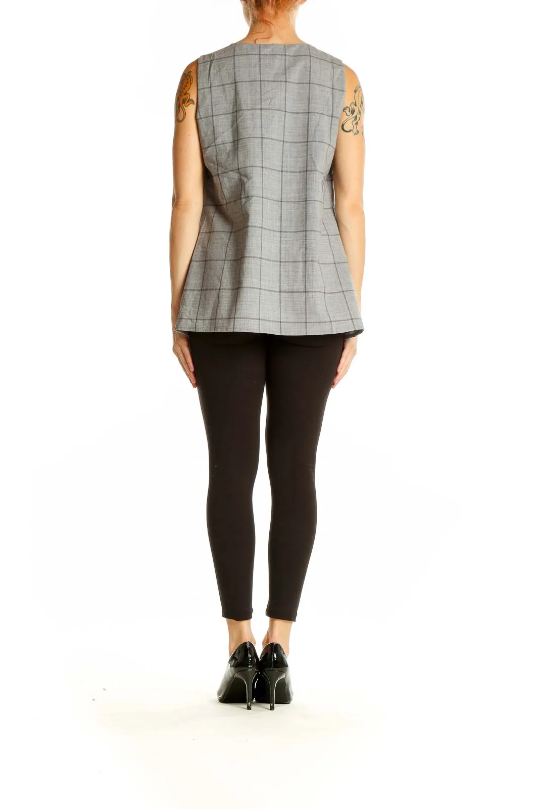 Gray Plaid Ruffled Sleeveless Top