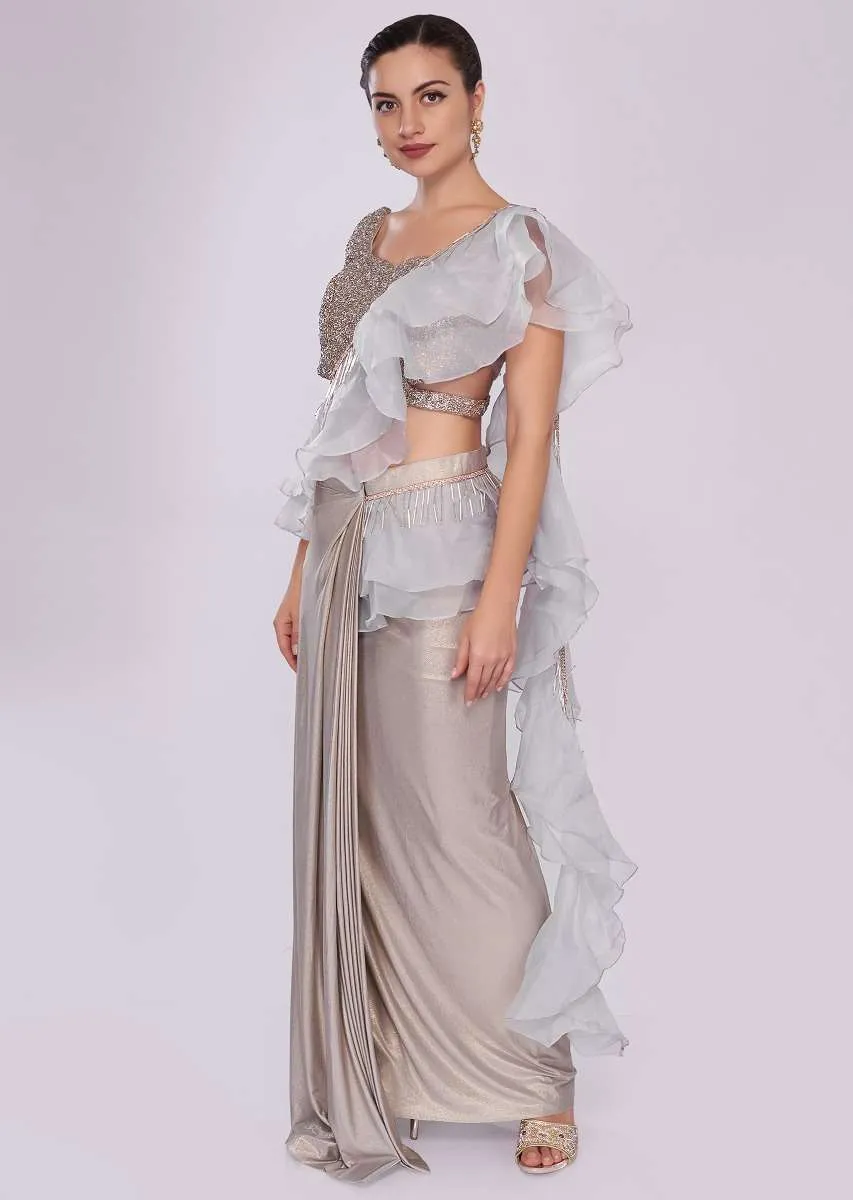 Grey Saree In Lycra With Draped Pleats And Ruffled Organza Pallo Online - Kalki Fashion