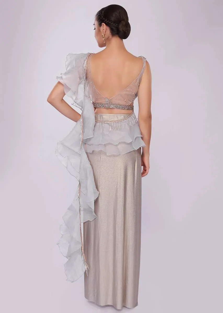 Grey Saree In Lycra With Draped Pleats And Ruffled Organza Pallo Online - Kalki Fashion