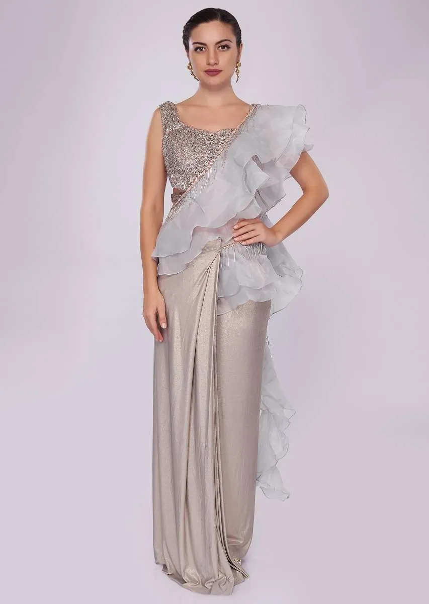 Grey Saree In Lycra With Draped Pleats And Ruffled Organza Pallo Online - Kalki Fashion