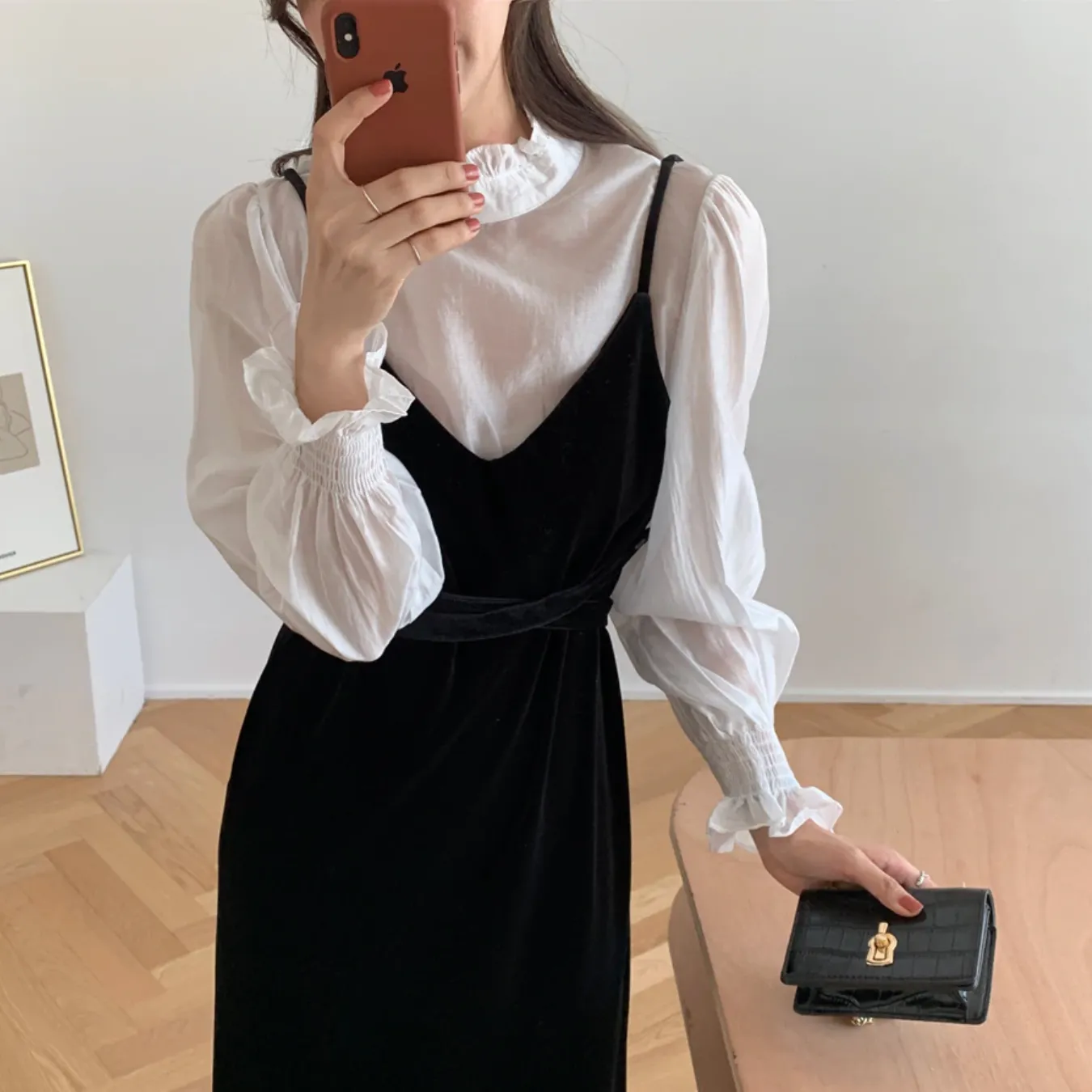 [Korean Style]  Ginnet Ruffle Blouse Slip Dress 2 pc Set