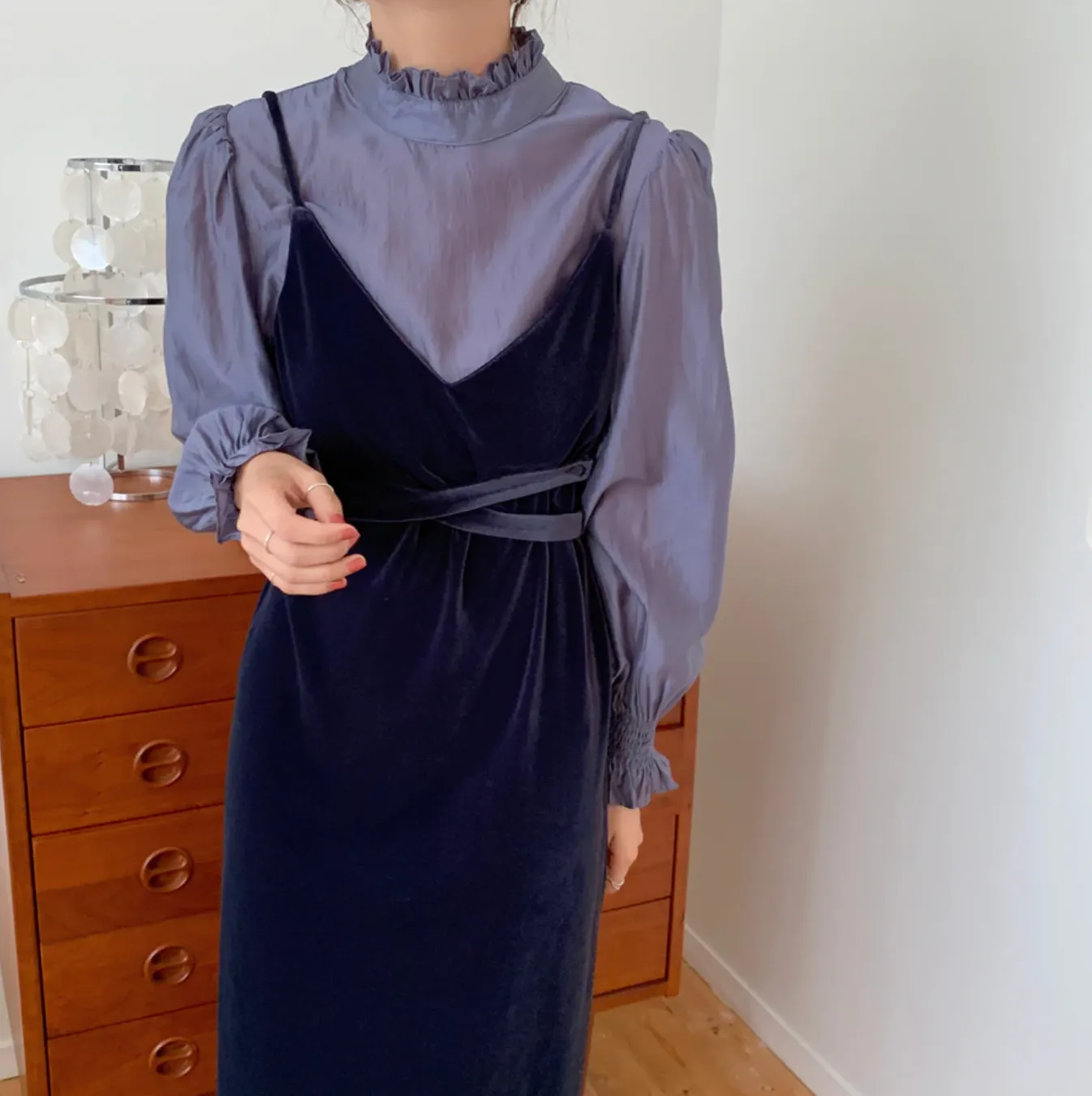 [Korean Style]  Ginnet Ruffle Blouse Slip Dress 2 pc Set