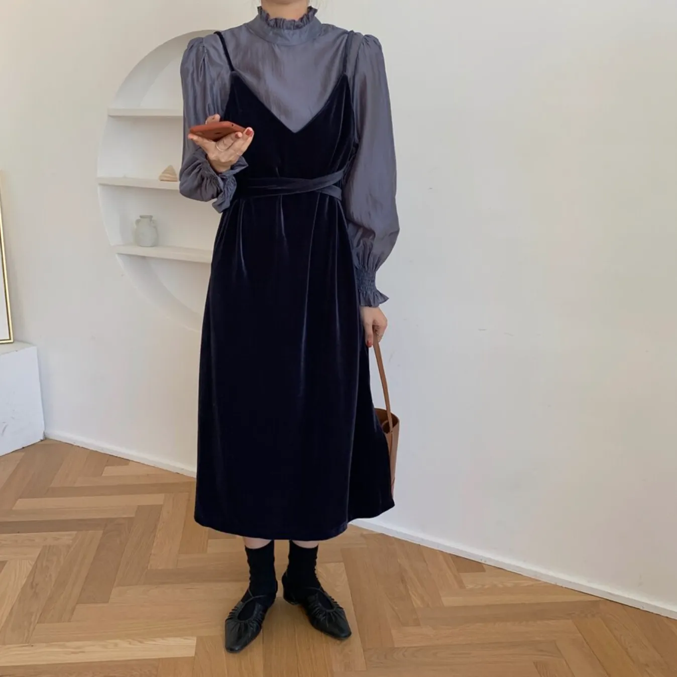 [Korean Style]  Ginnet Ruffle Blouse Slip Dress 2 pc Set