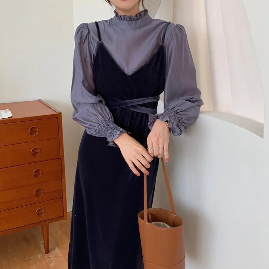 [Korean Style]  Ginnet Ruffle Blouse Slip Dress 2 pc Set