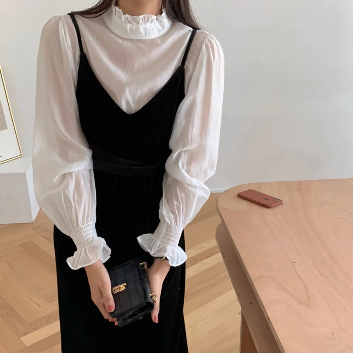 [Korean Style]  Ginnet Ruffle Blouse Slip Dress 2 pc Set