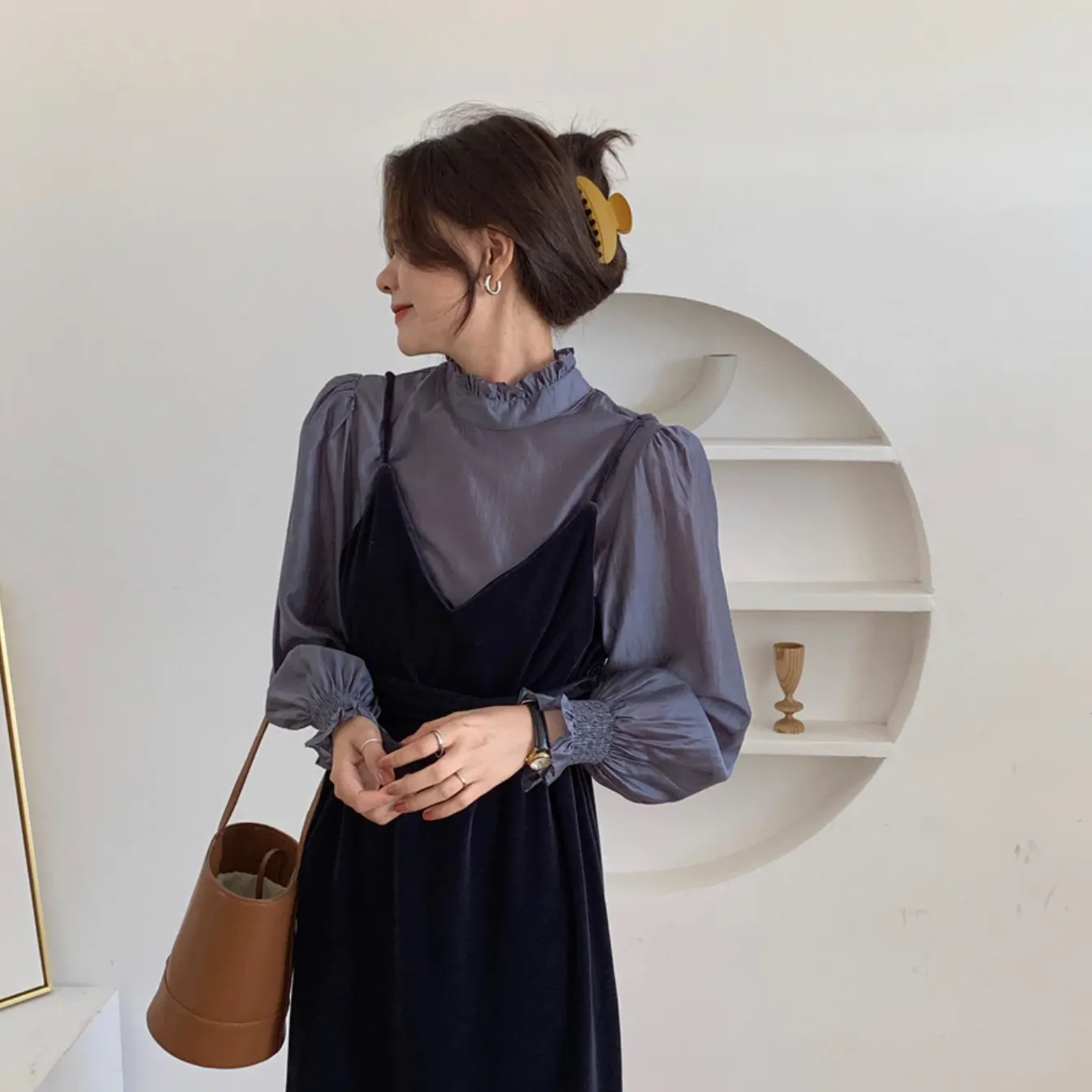 [Korean Style]  Ginnet Ruffle Blouse Slip Dress 2 pc Set