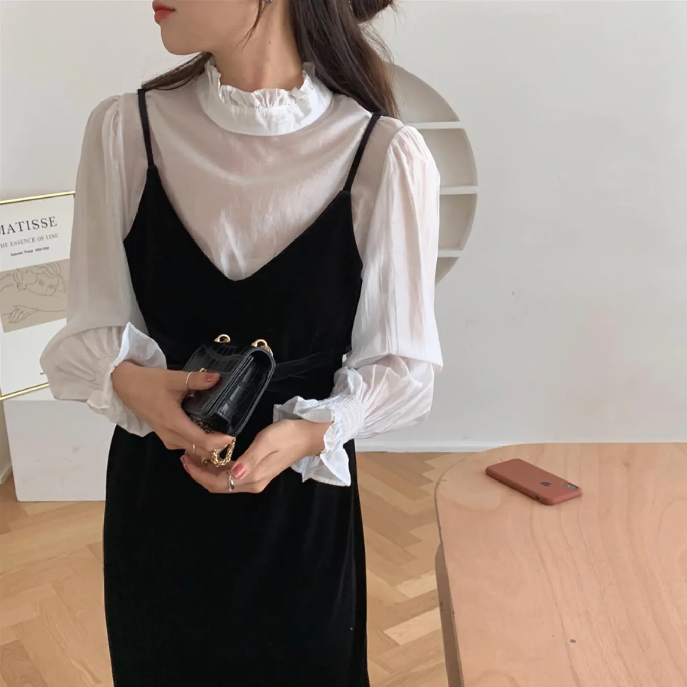[Korean Style]  Ginnet Ruffle Blouse Slip Dress 2 pc Set