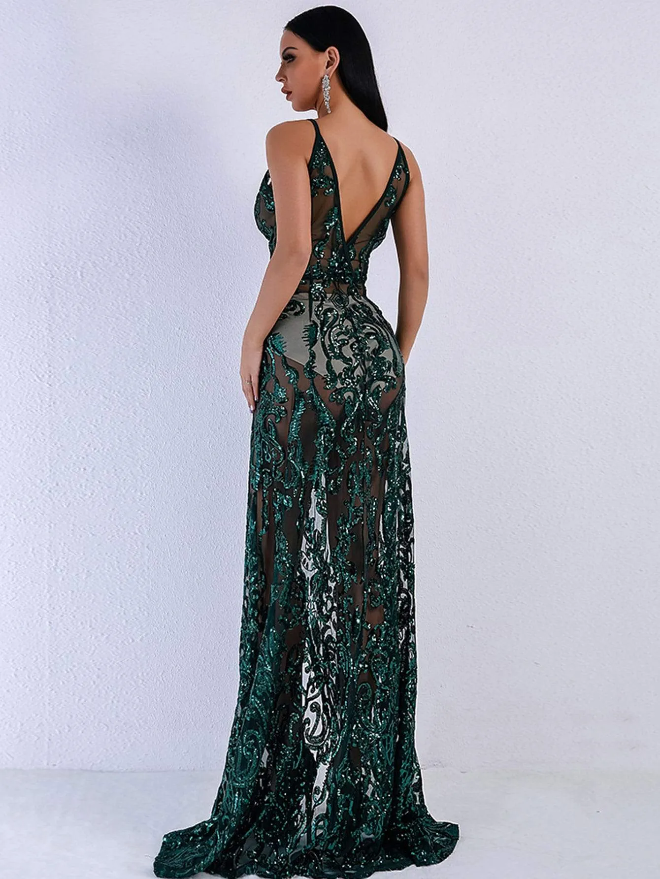 Missord Split Thigh Sequin Mesh Slip Dress Without Panties
