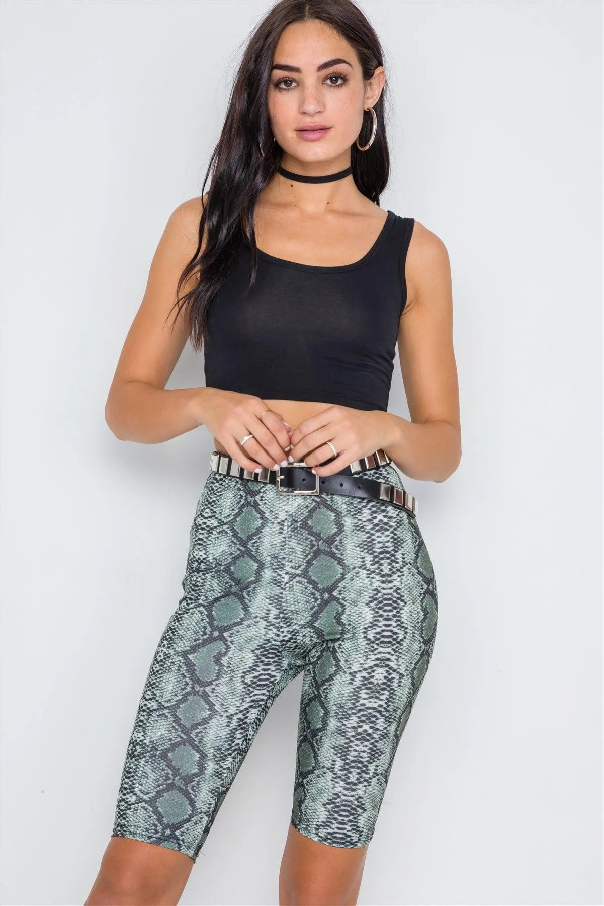Olive Snake Animal Print High-Waist Biker Shorts