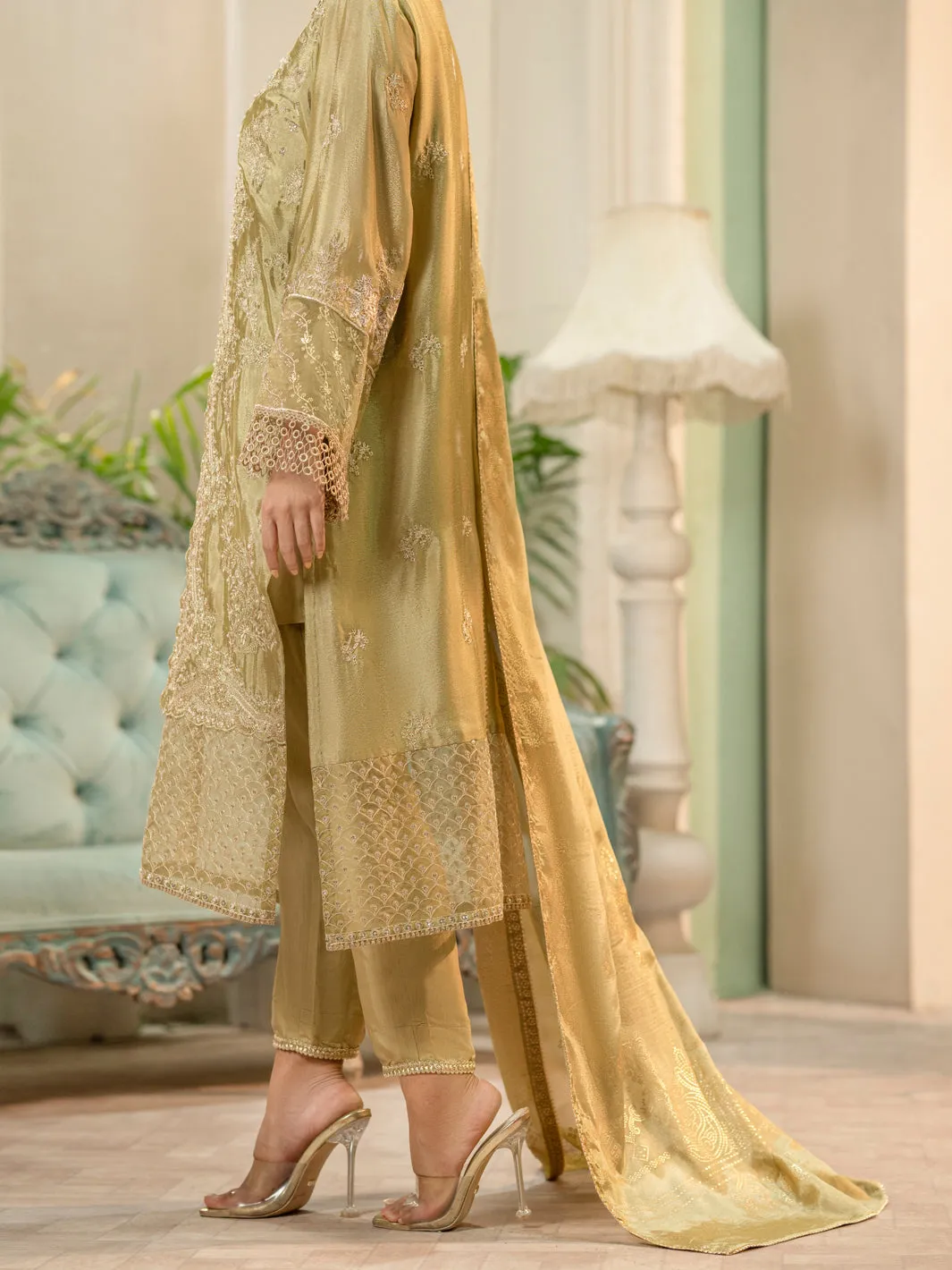 Pista Green Chiffon 3 Piece Formal Stitched - AL-3PS-LS-424