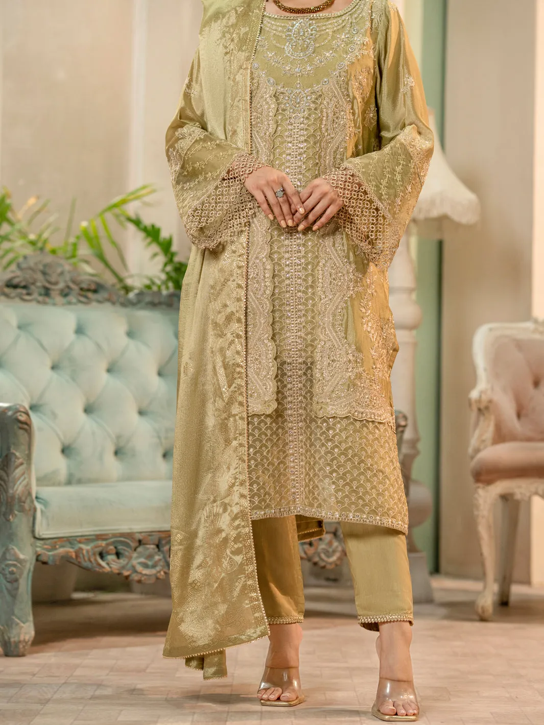 Pista Green Chiffon 3 Piece Formal Stitched - AL-3PS-LS-424