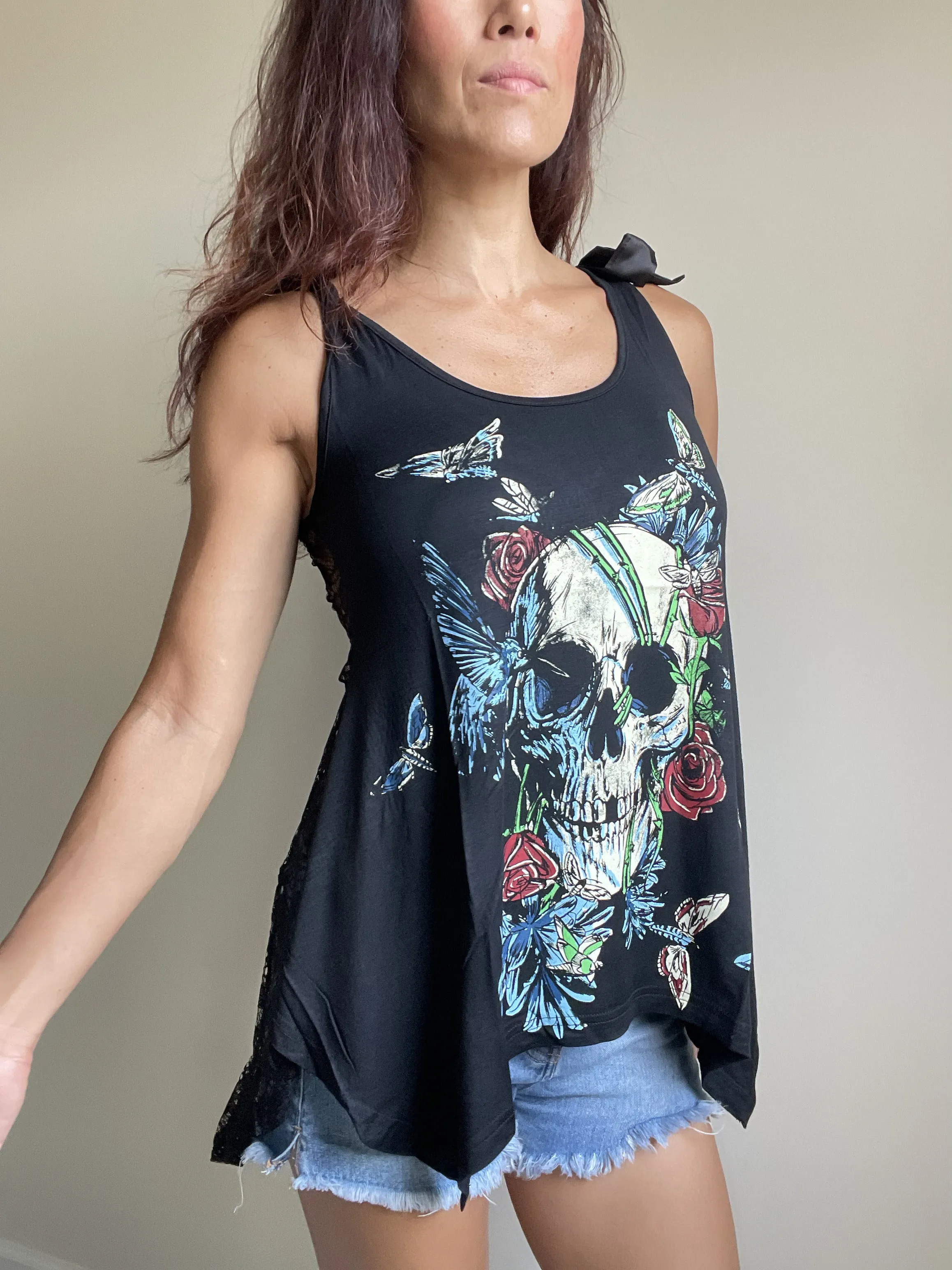 Skull Flower and Moth Black Skull Lace Flowy Tank Top