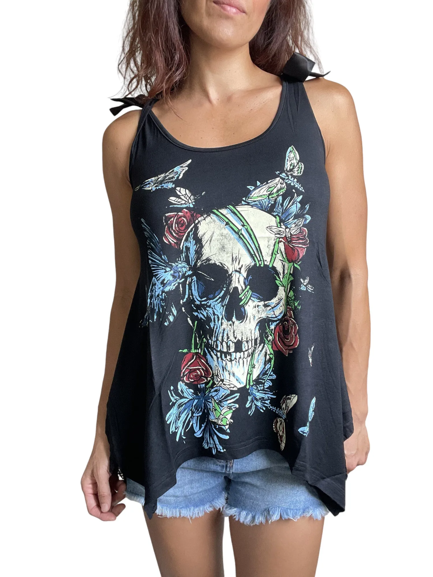 Skull Flower and Moth Black Skull Lace Flowy Tank Top