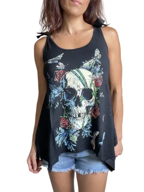 Skull Flower and Moth Black Skull Lace Flowy Tank Top