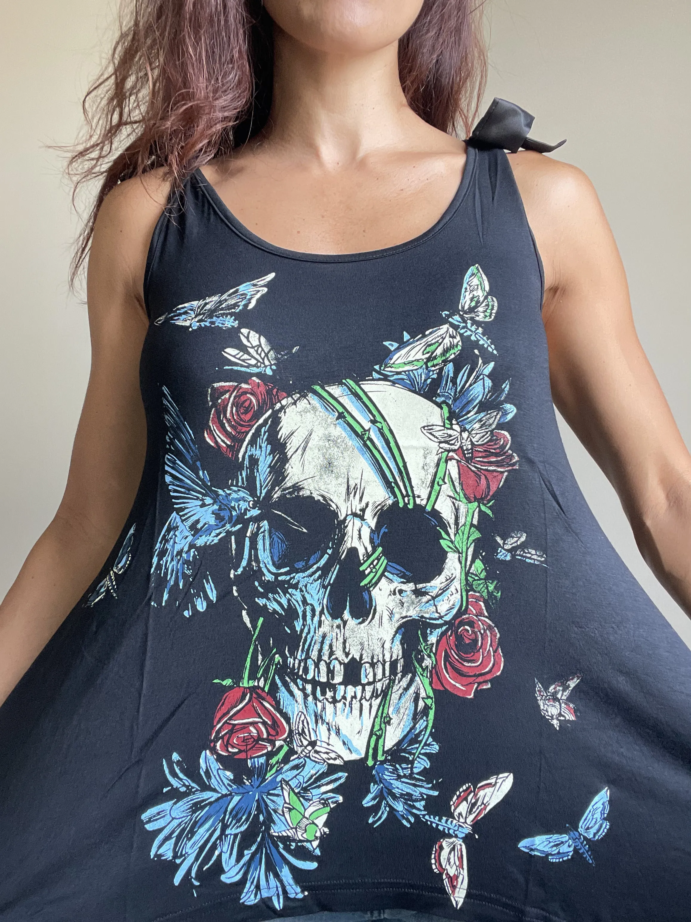 Skull Flower and Moth Black Skull Lace Flowy Tank Top